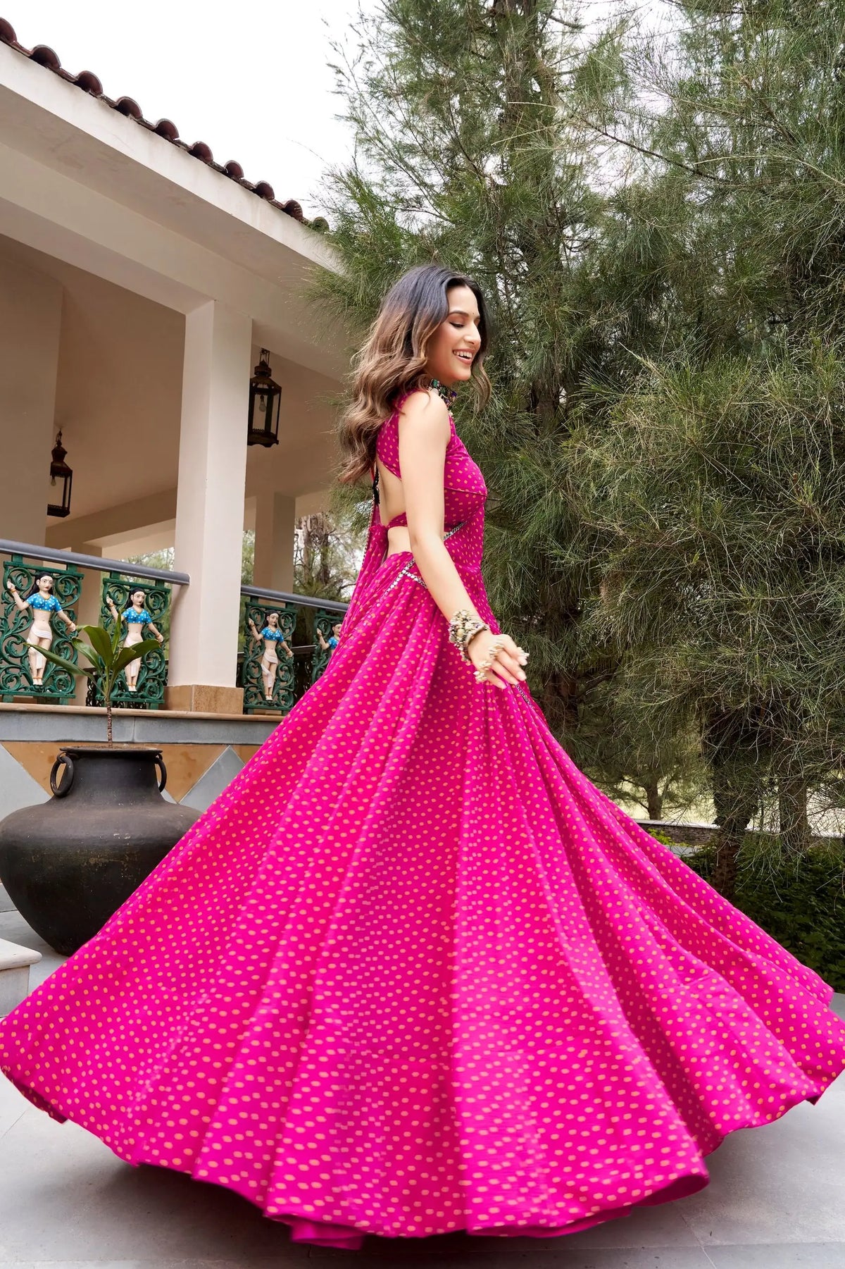 8 Meter Flair | Pink Bandhej Print Garba Chaniya Choli