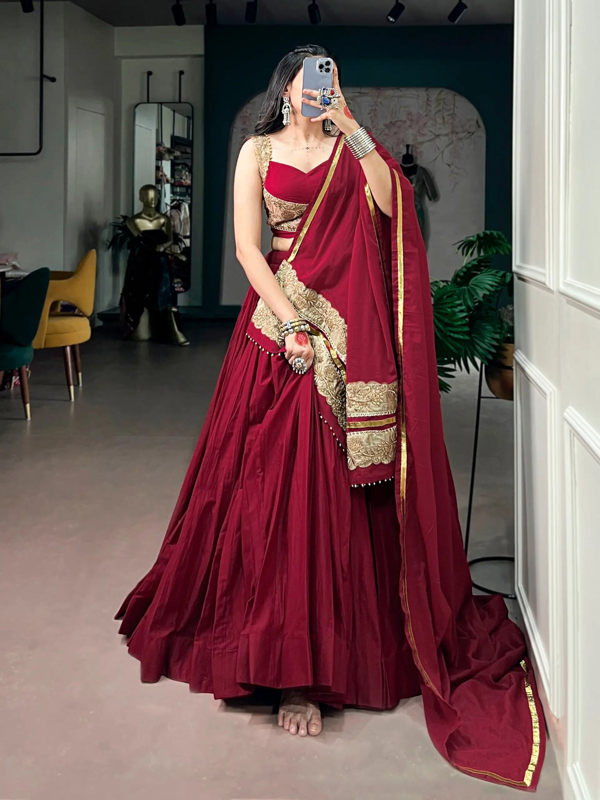 8 Meter Flair | Maroon Mal Cotton Navratri Chaniya Choli