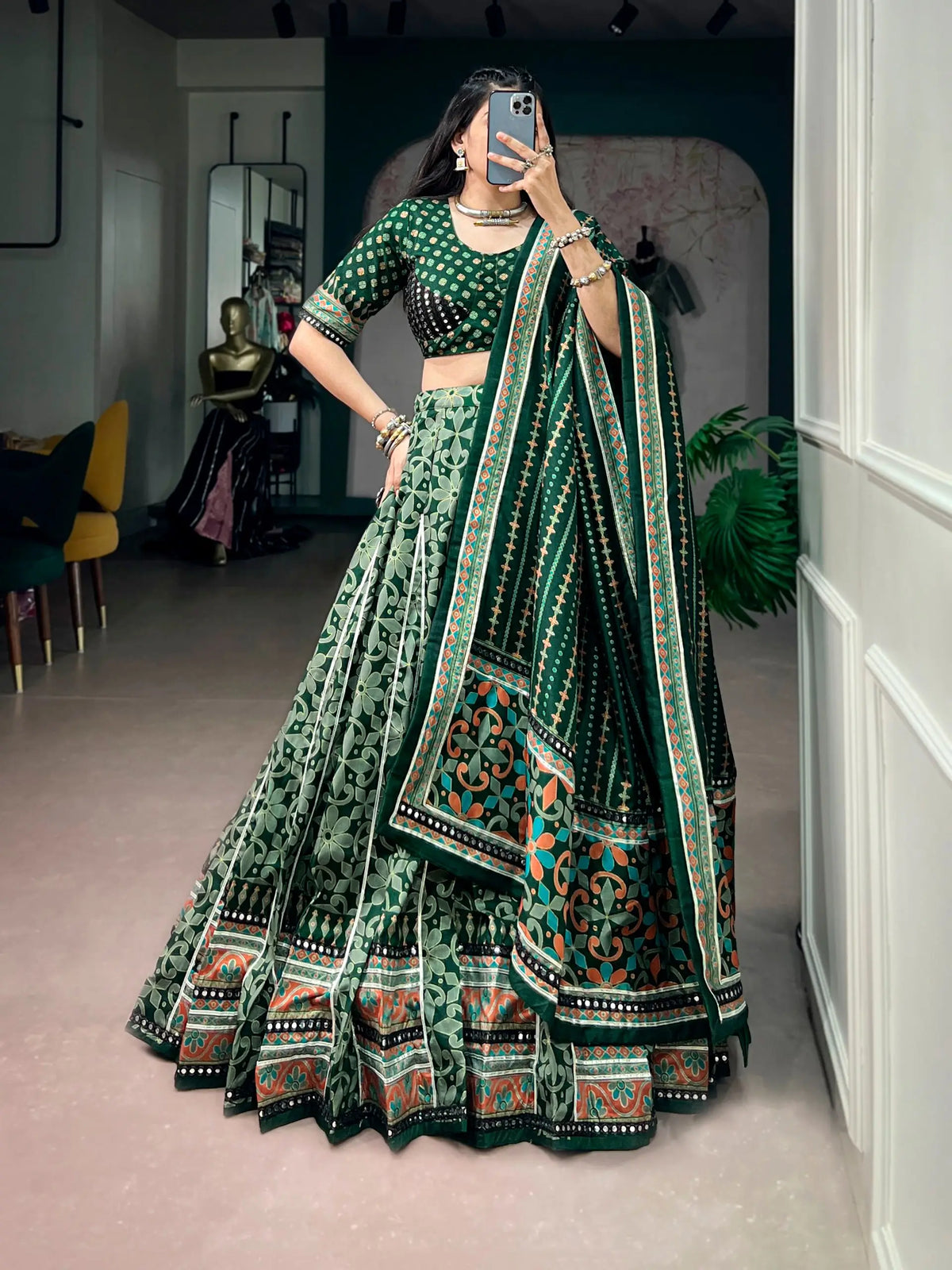 5 Meter Flair | Green Tasar Silk Navratri Chaniya Choli With Sparkle Work