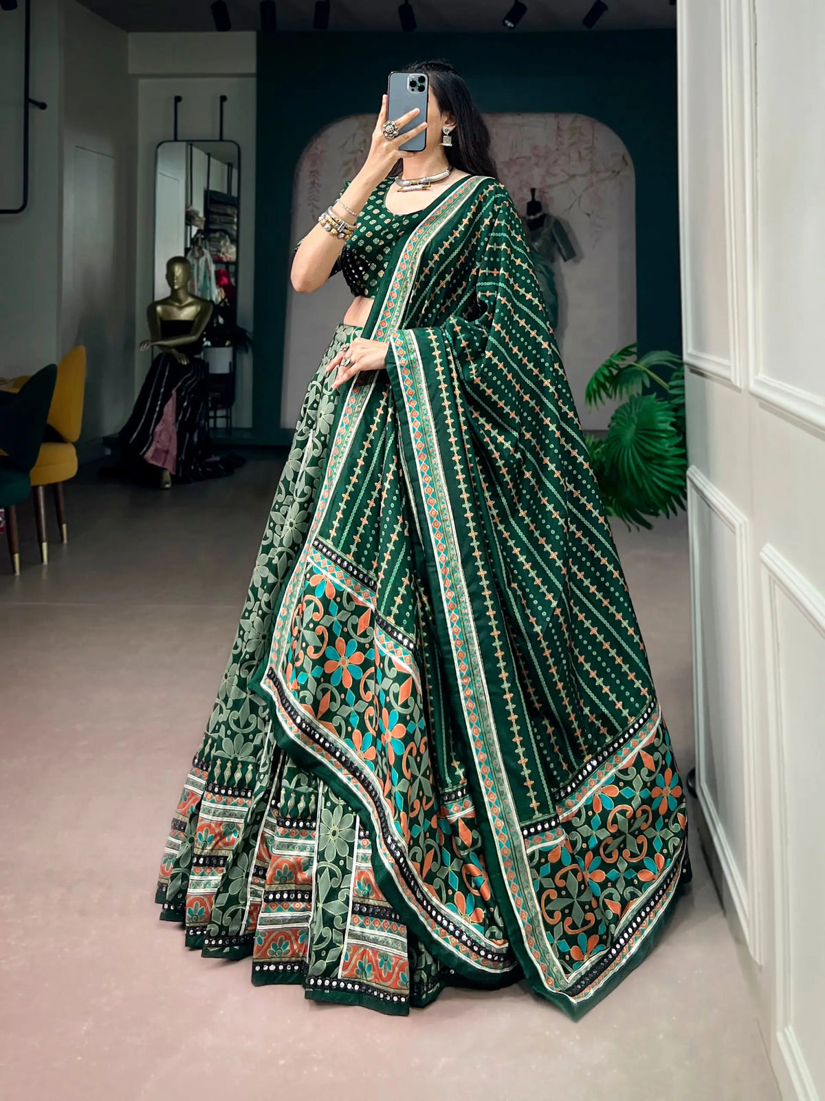 5 Meter Flair | Green Tasar Silk Navratri Chaniya Choli With Sparkle Work