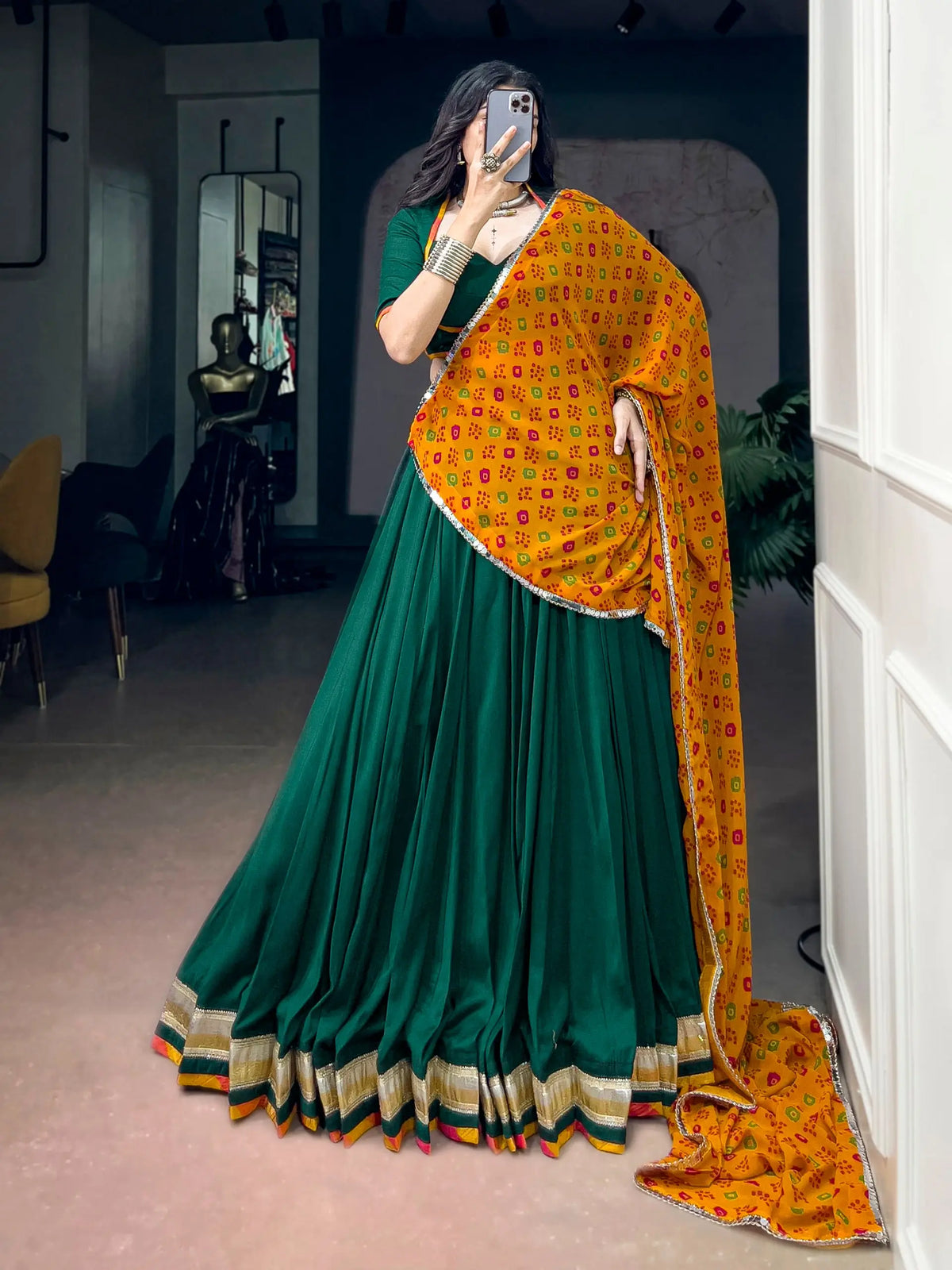 8 Meter Flair | Green Navratri Lehenga With Embossed Lace & Bandhani Dupatta