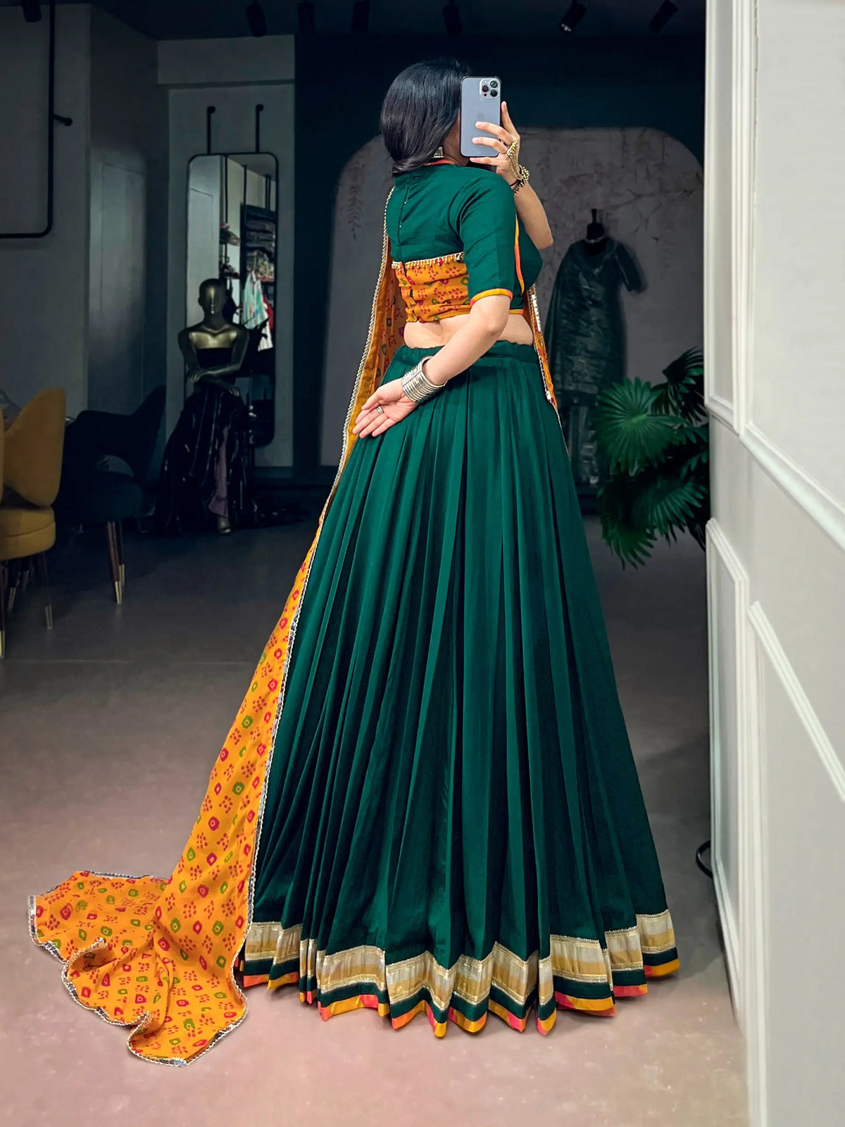 8 Meter Flair | Green Navratri Lehenga With Embossed Lace & Bandhani Dupatta