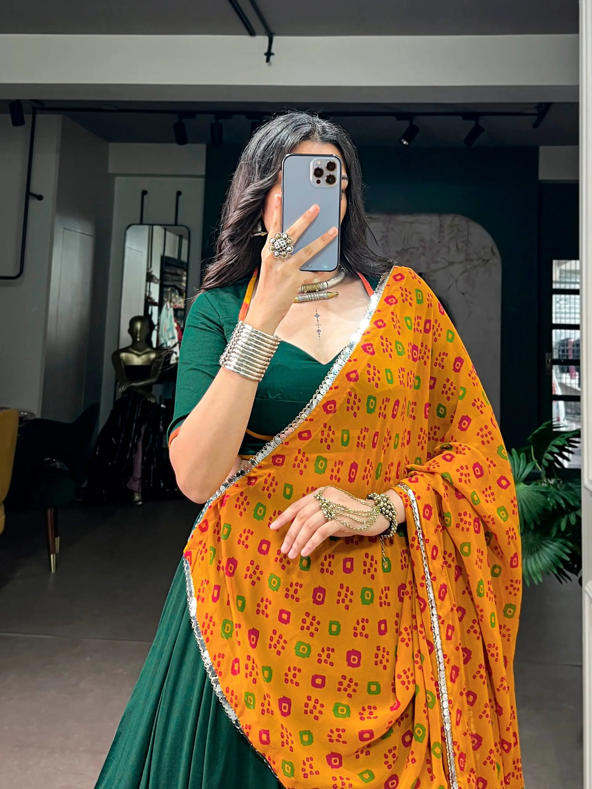 8 Meter Flair | Green Navratri Lehenga With Embossed Lace & Bandhani Dupatta