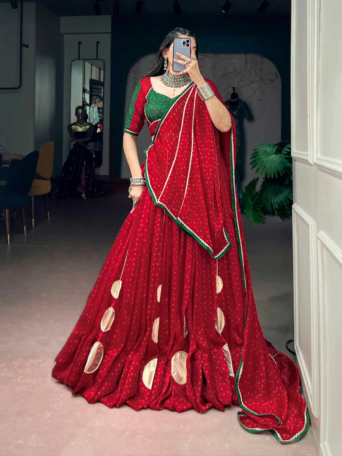 8 Meter Flair | Red Bandhej Print Navratri Chaniya Choli