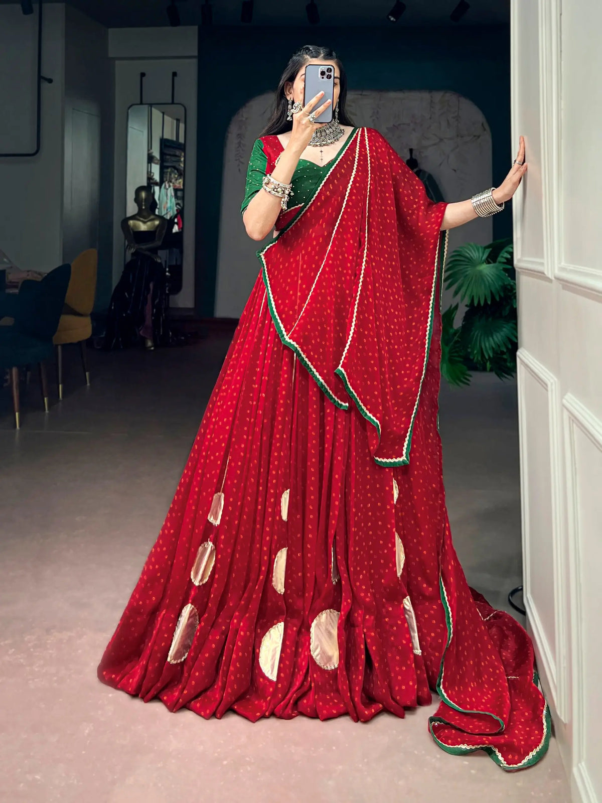 8 Meter Flair | Red Bandhej Print Navratri Chaniya Choli