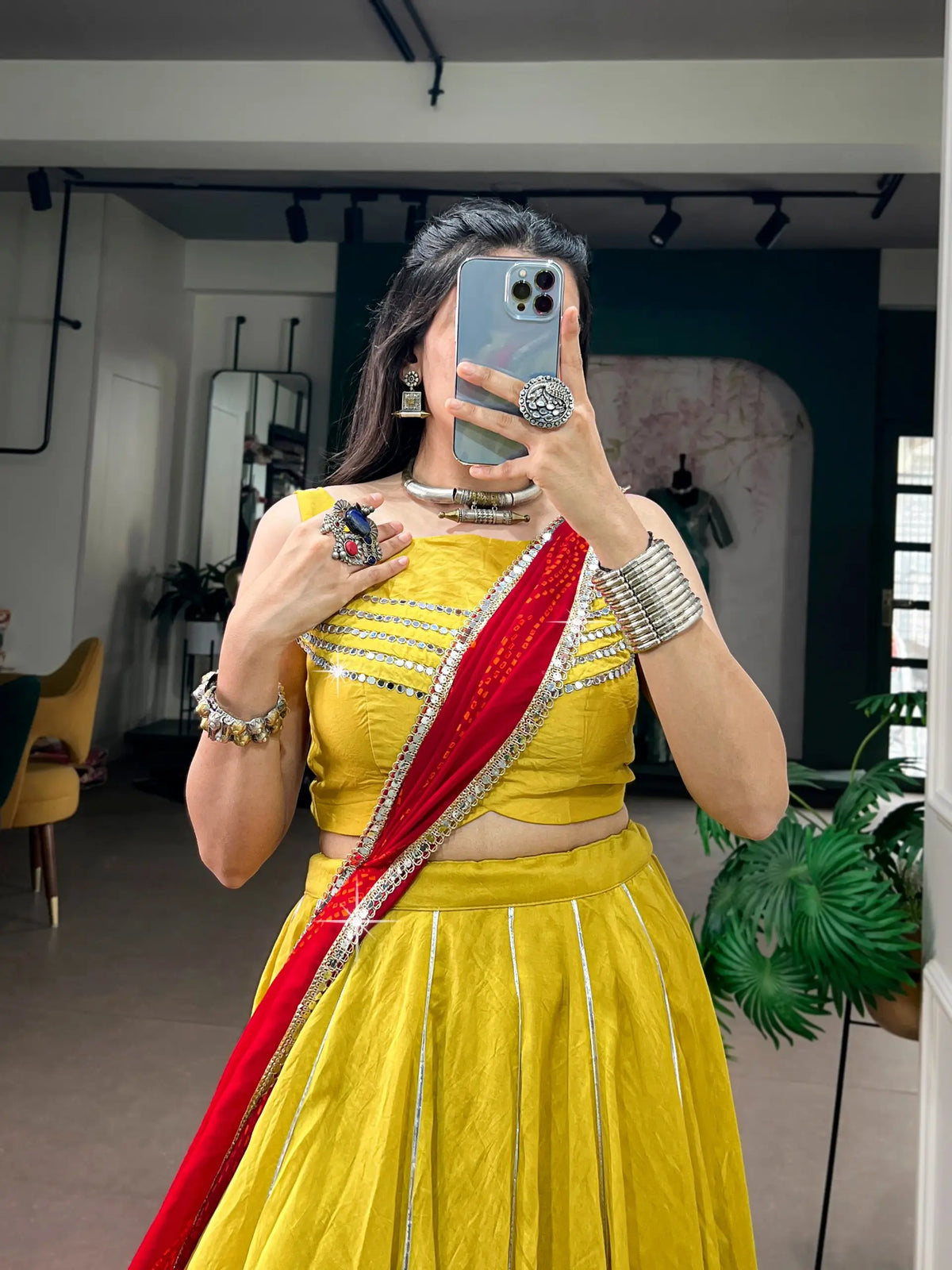 8 Meter Flair | Yellow Chanderi Gamthi Work Garba Chaniya Choli With Dupatta
