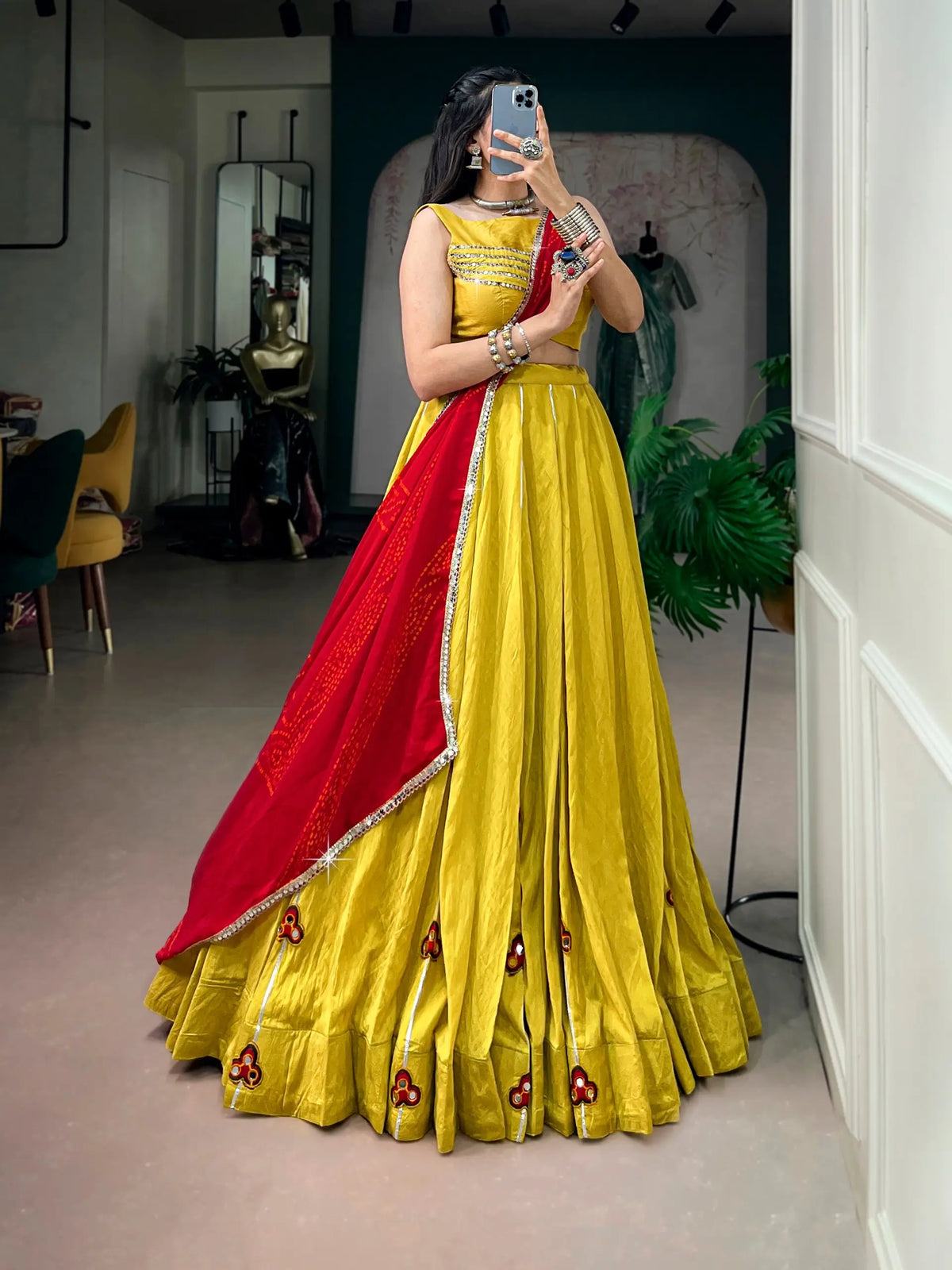 8 Meter Flair | Yellow Chanderi Gamthi Work Garba Chaniya Choli With Dupatta