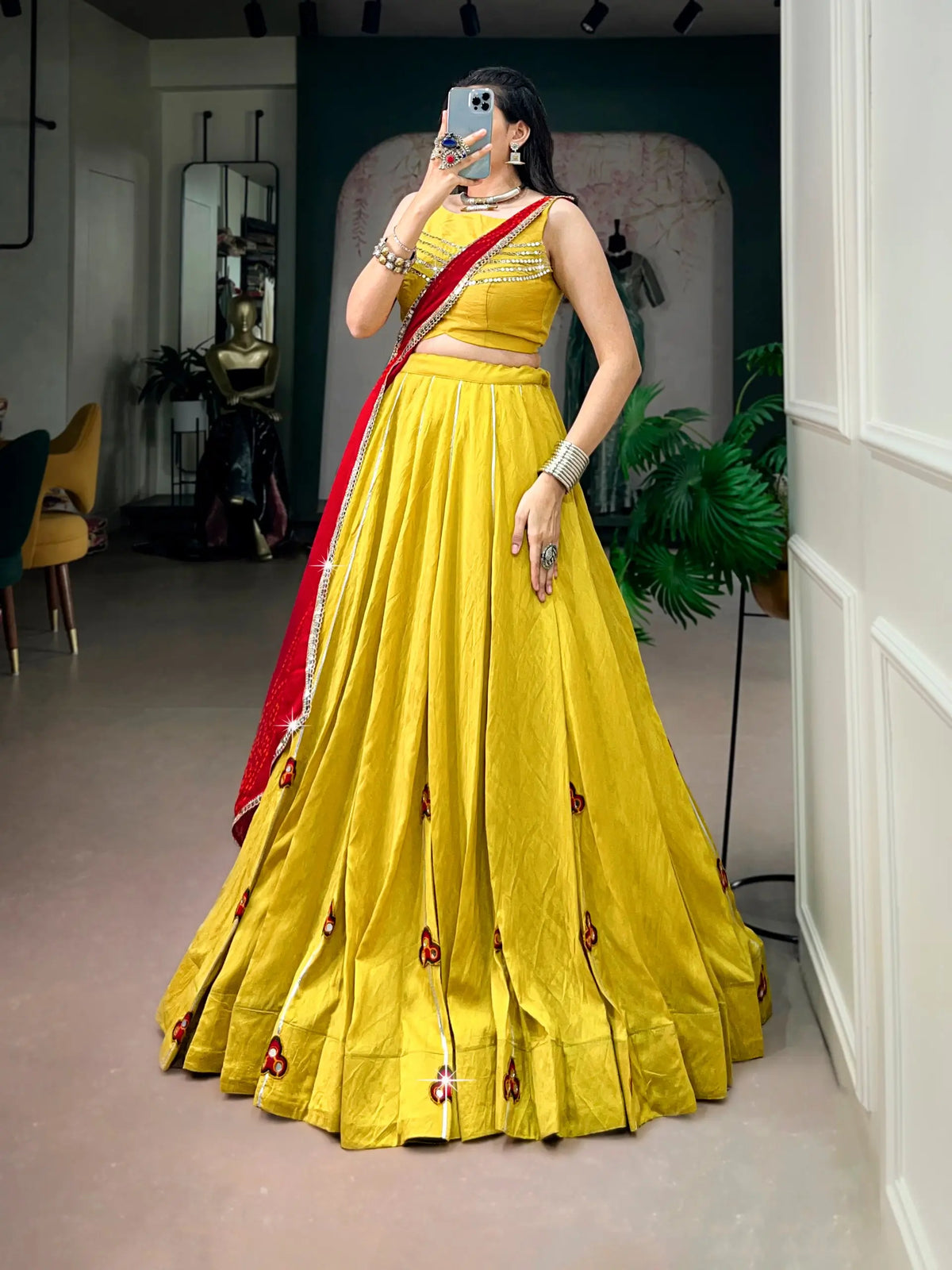 8 Meter Flair | Yellow Chanderi Gamthi Work Garba Chaniya Choli With Dupatta