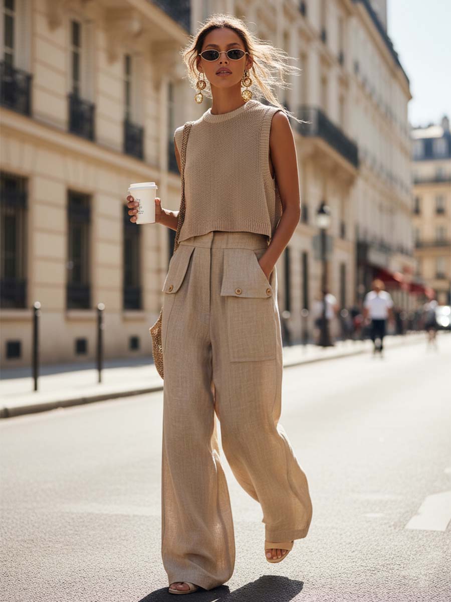 Casual Breathable Urban Style Beige Knitted Top And Cotton Pants Set - By Qivii