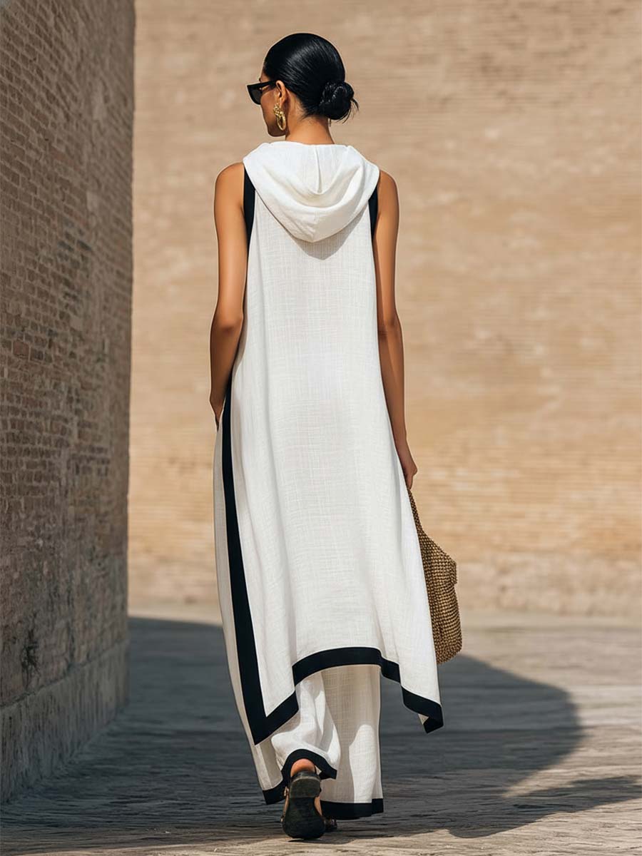 Temperament Casual Hooded White Black Trim White Cotton And Linen Asymmetrical Long Top And Pants Set - By Qivii
