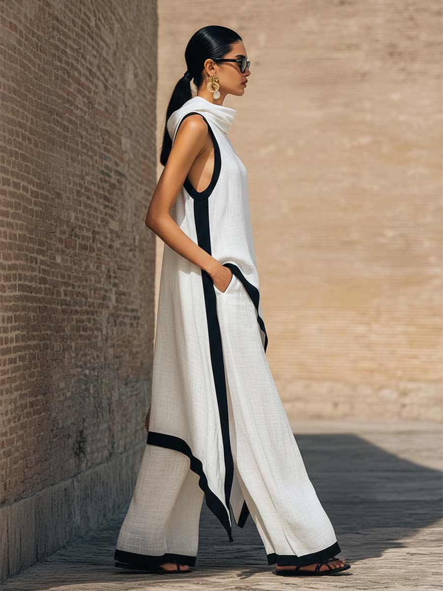 Temperament Casual Hooded White Black Trim White Cotton And Linen Asymmetrical Long Top And Pants Set - By Qivii