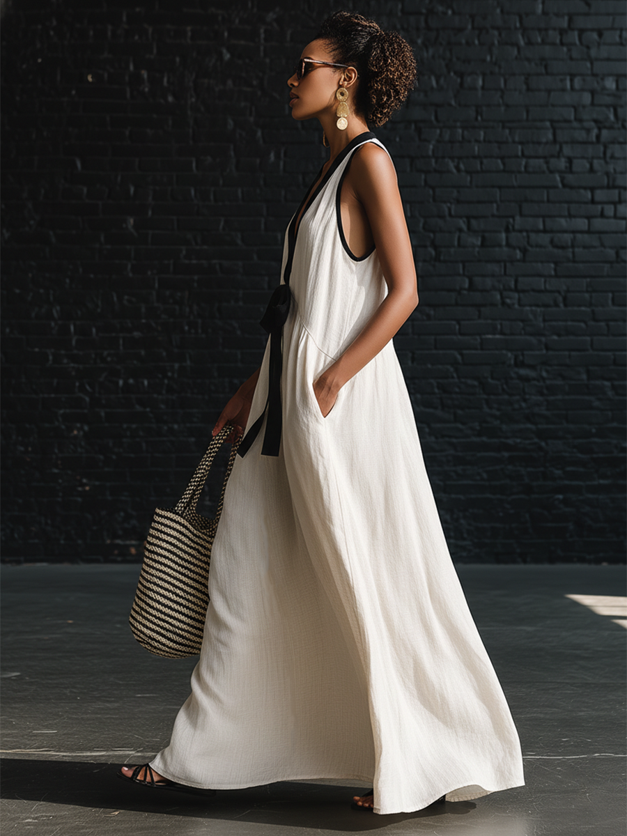 Bohemian Style White And Black Color Blocked Sleeveless V-neck Maxi Dress - By Qivii