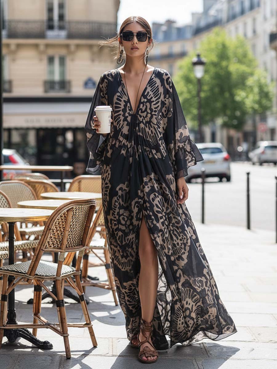 Elegant And Flowing Retro Print V-neck Dark Blue Chiffon Slit Maxi Dress - By Qivii