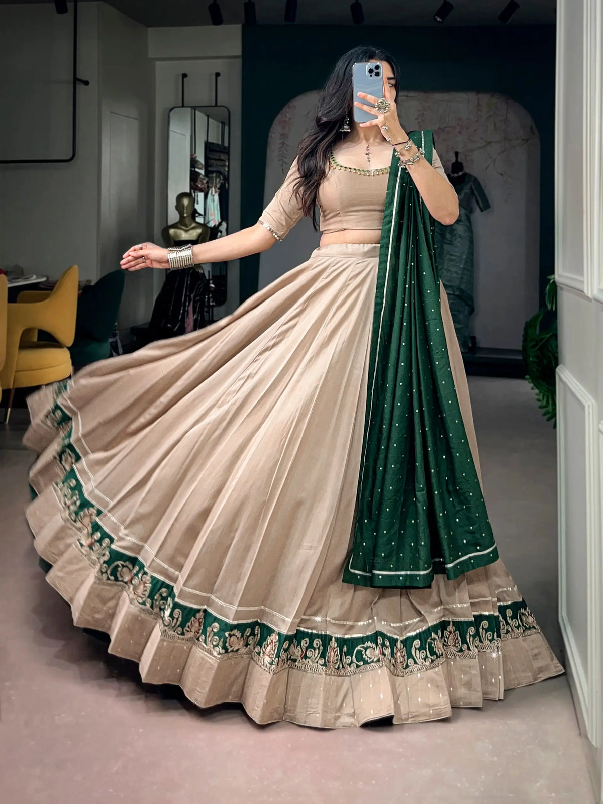 8 Meter Flair | Dark Beige Chanderi Garba Chaniya Choli With Mirror Work