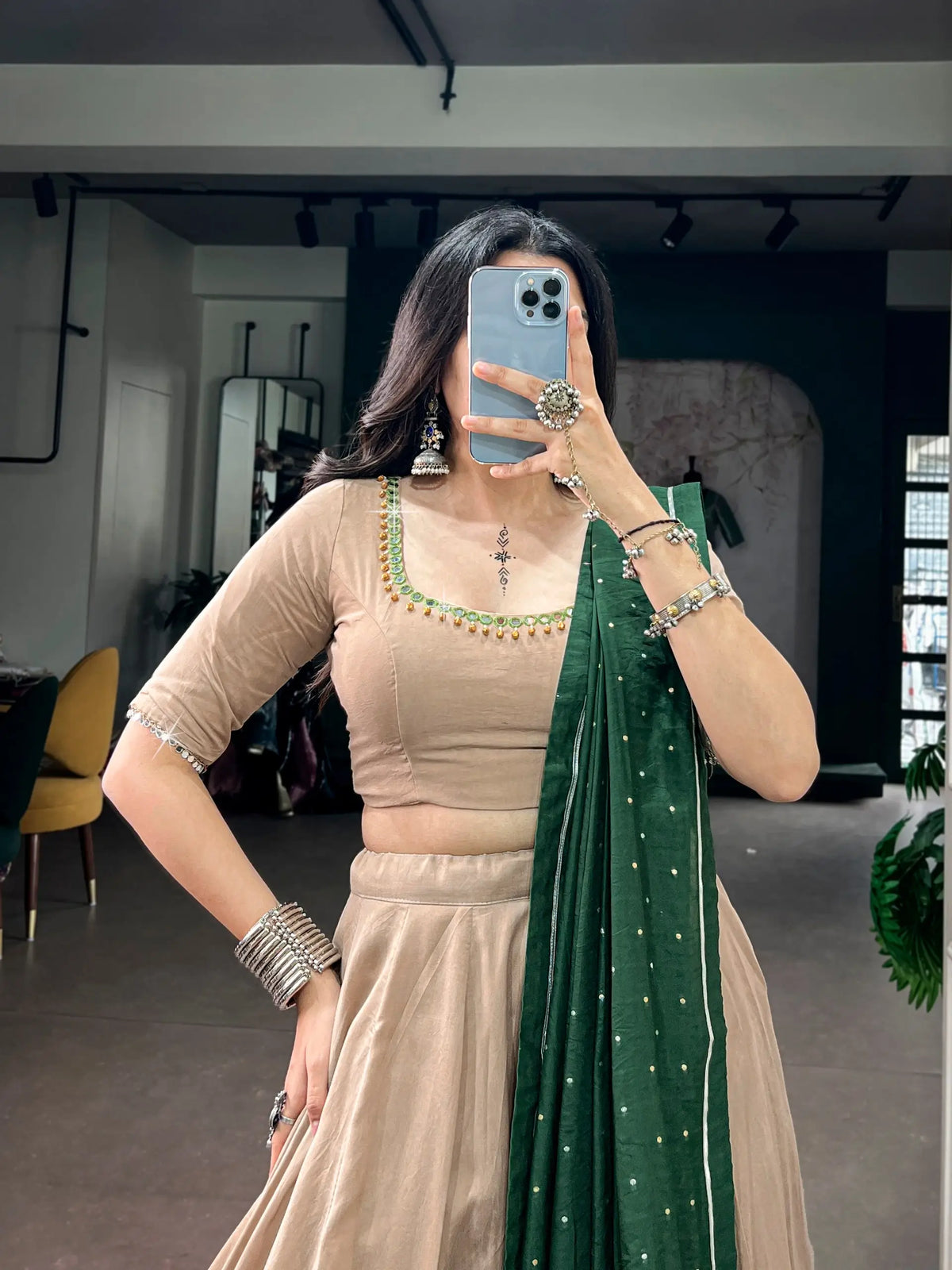 8 Meter Flair | Dark Beige Chanderi Garba Chaniya Choli With Mirror Work