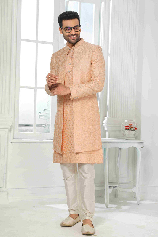 Men's Art Silk Embroidery Work 3 Pcs Indo Jacket Set In Peach Colour