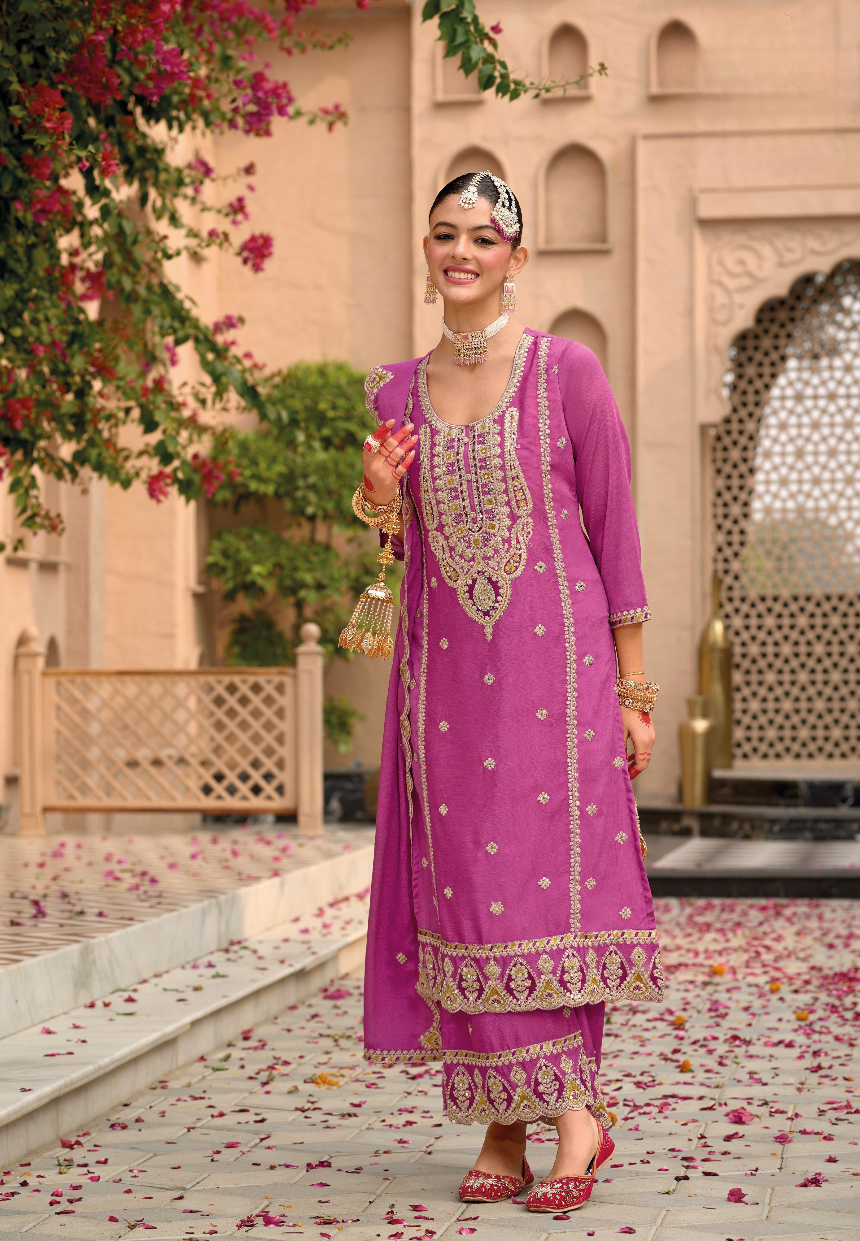 Rani Pink Hevey Chinon with emboidery work Palazzo Suit - qivii