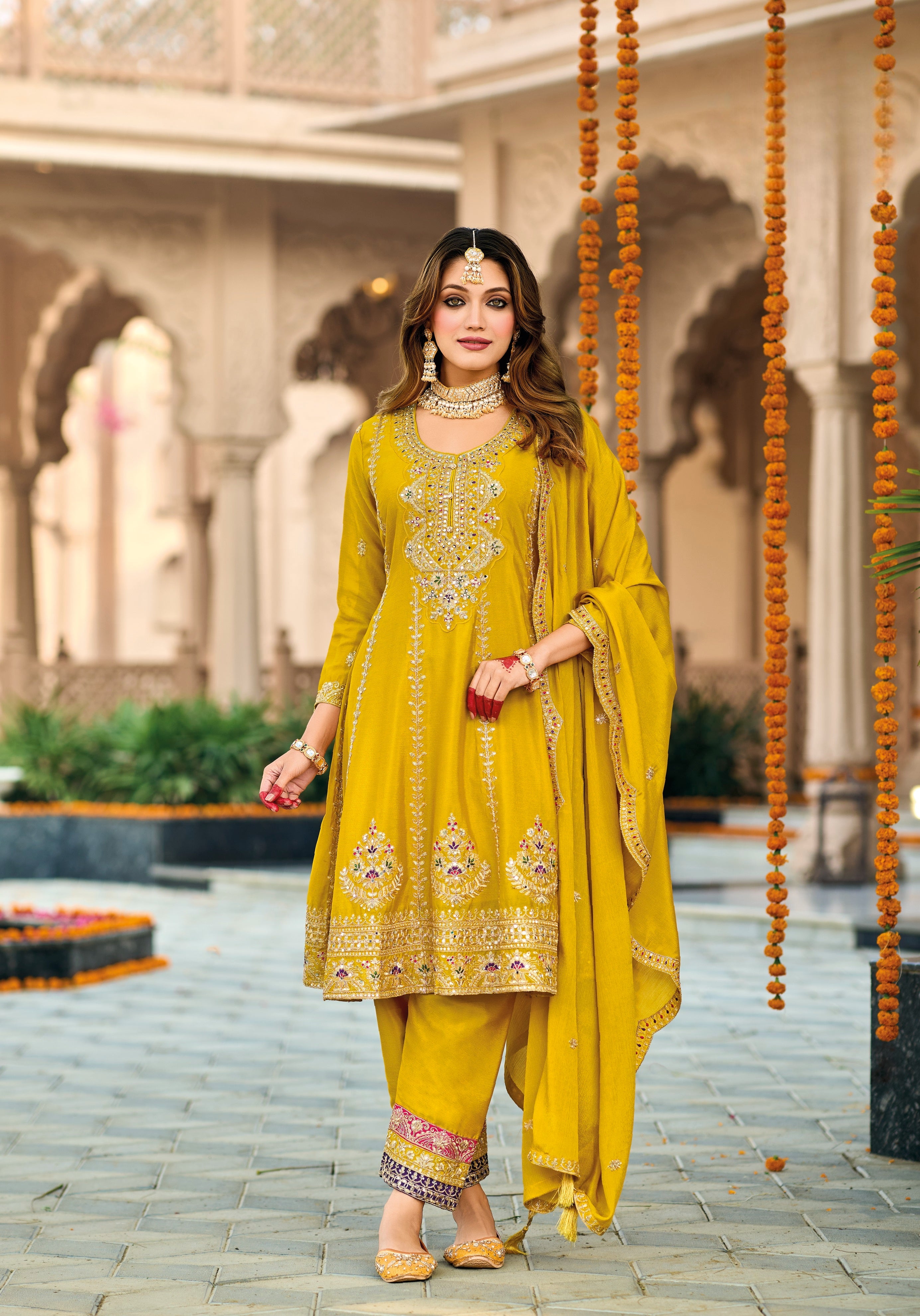 Yellow Hevey Chinon with emboidery work Salwar Suit - qivii