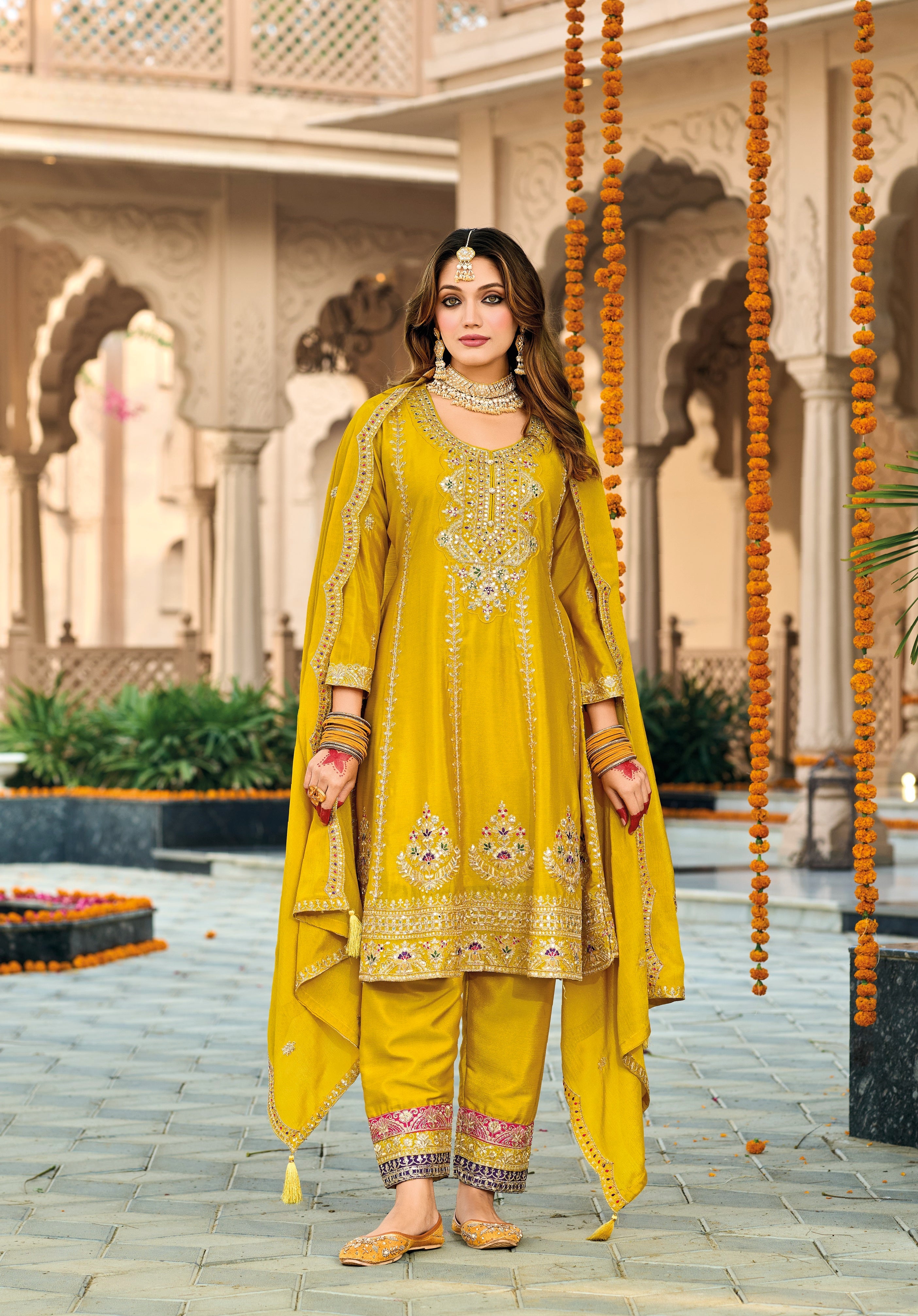 Yellow Hevey Chinon with emboidery work Salwar Suit - qivii