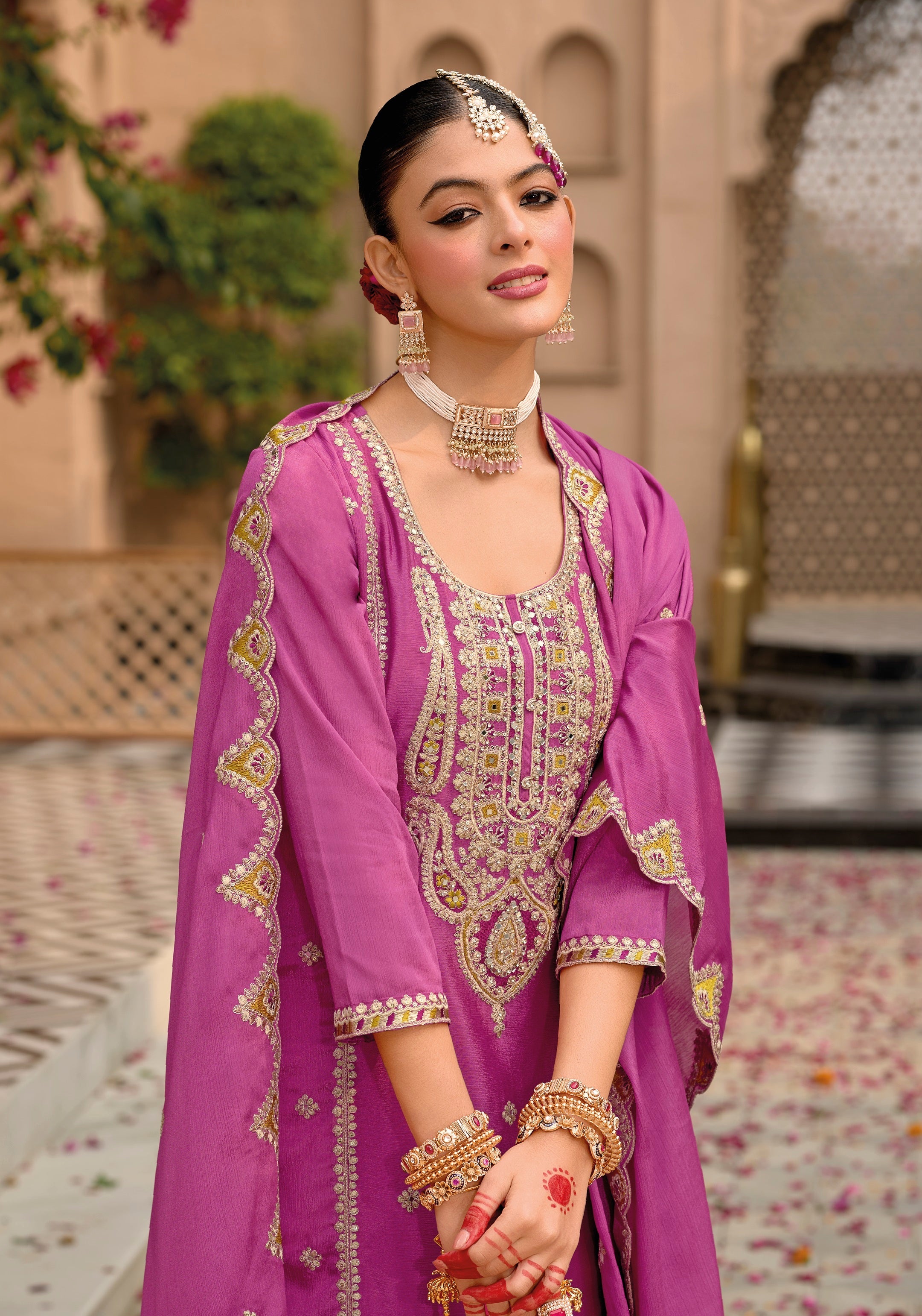 Rani Pink Hevey Chinon with emboidery work Palazzo Suit - qivii