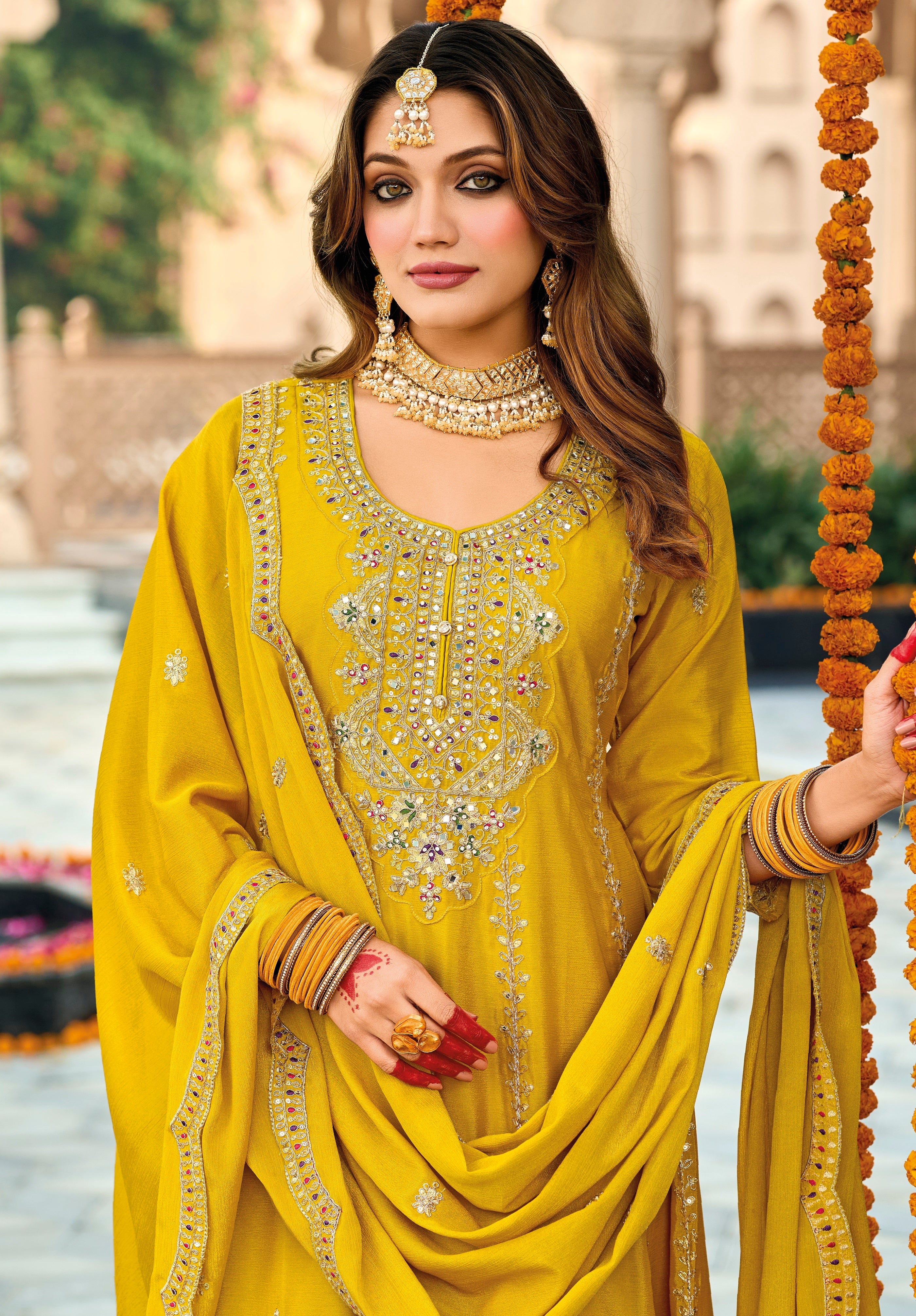 Yellow Hevey Chinon with emboidery work Salwar Suit - qivii