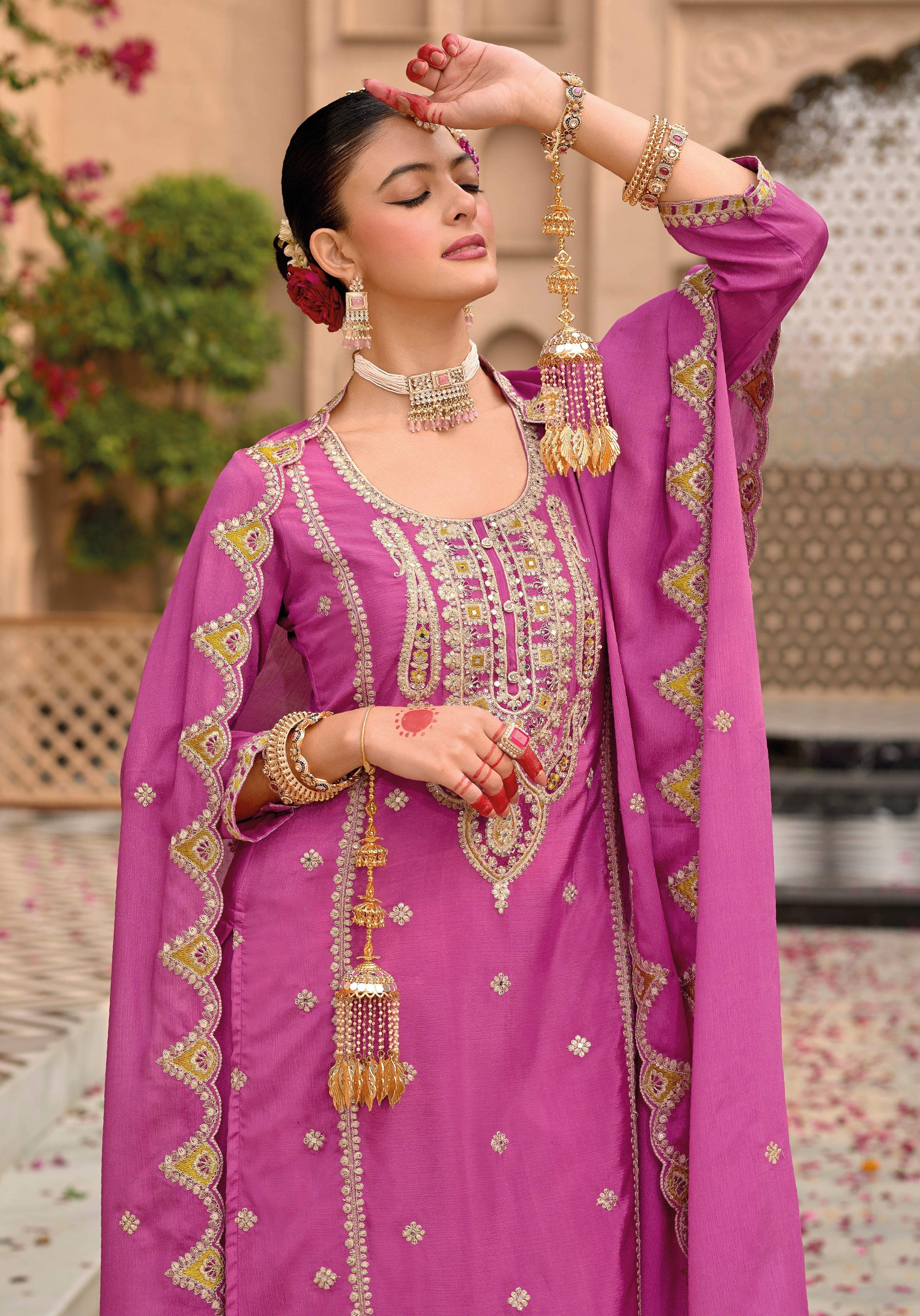 Rani Pink Hevey Chinon with emboidery work Palazzo Suit - qivii