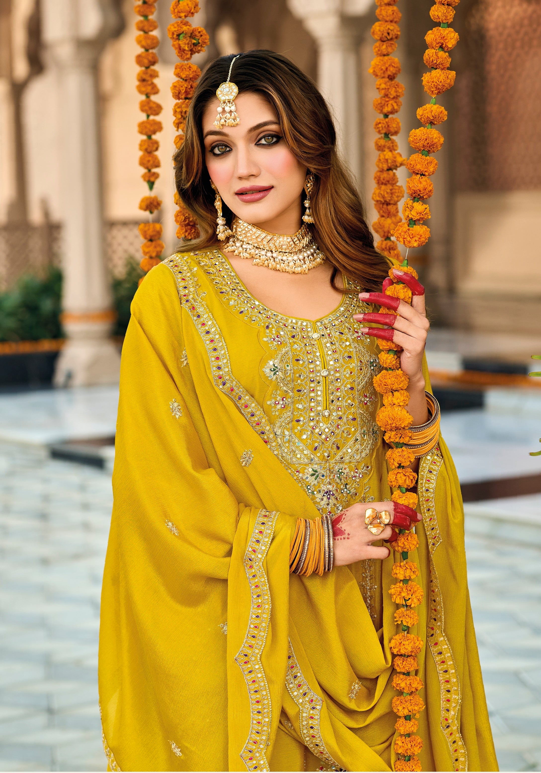 Yellow Hevey Chinon with emboidery work Salwar Suit - qivii
