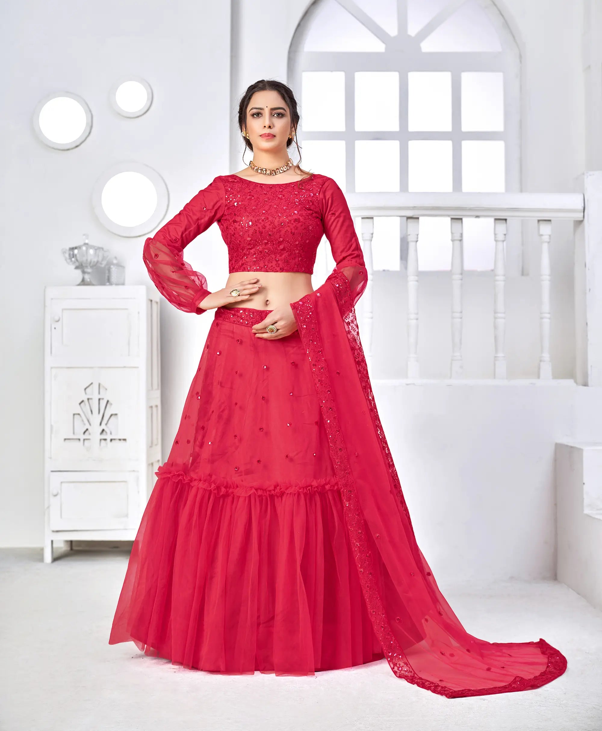 Rani Pink Net Sequence & Thread Embroidery Work Lehenga Choli | Ready To Wear - qivii