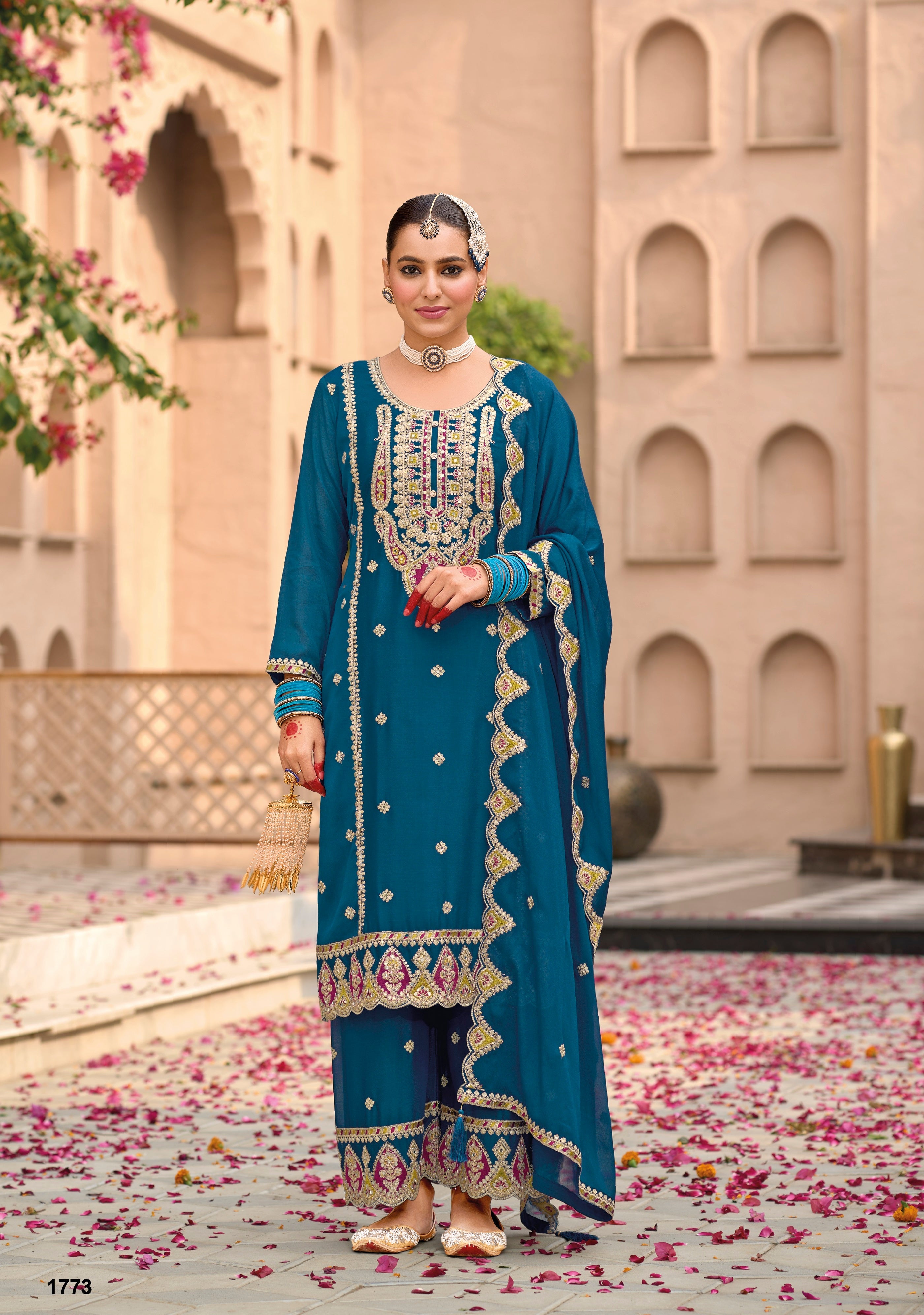 Teal Blue Hevey Chinon with emboidery work Palazzo Suit - qivii