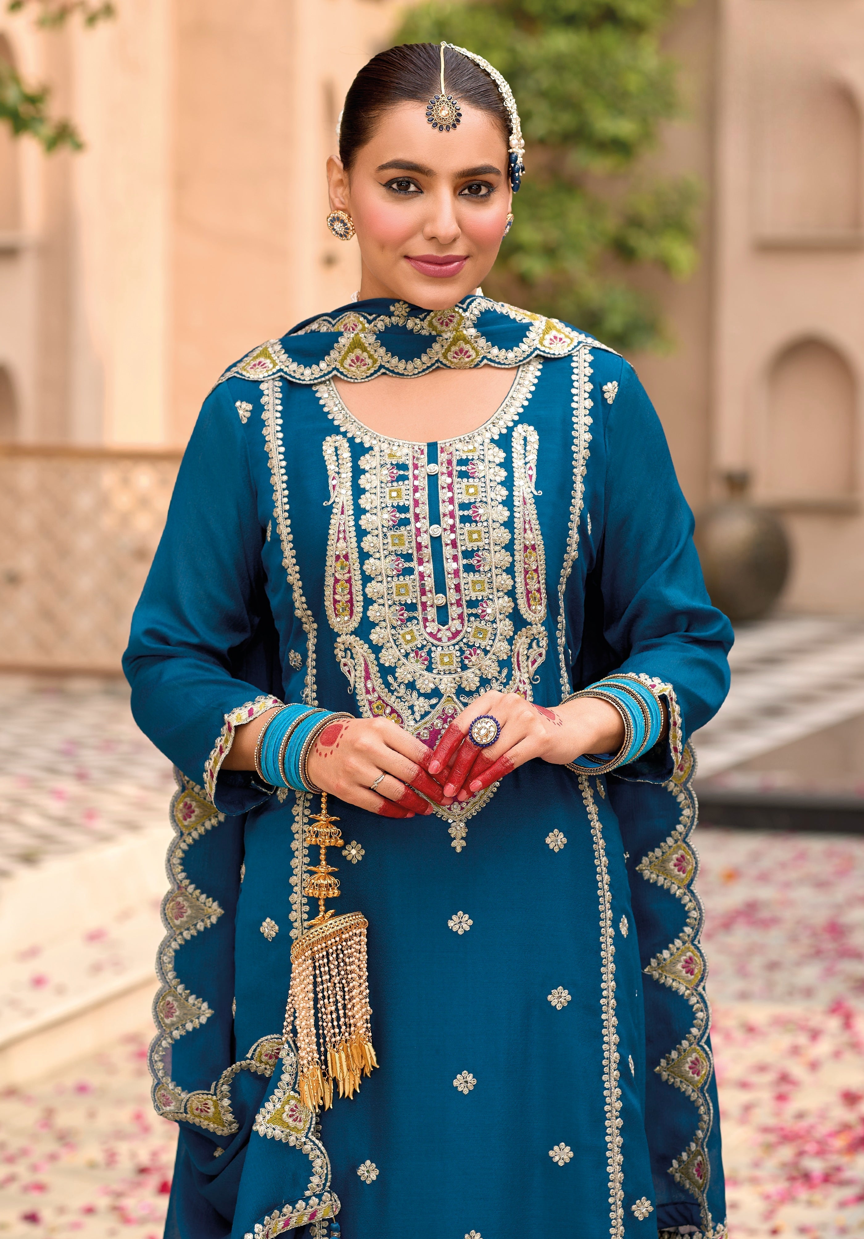 Teal Blue Hevey Chinon with emboidery work Palazzo Suit - qivii