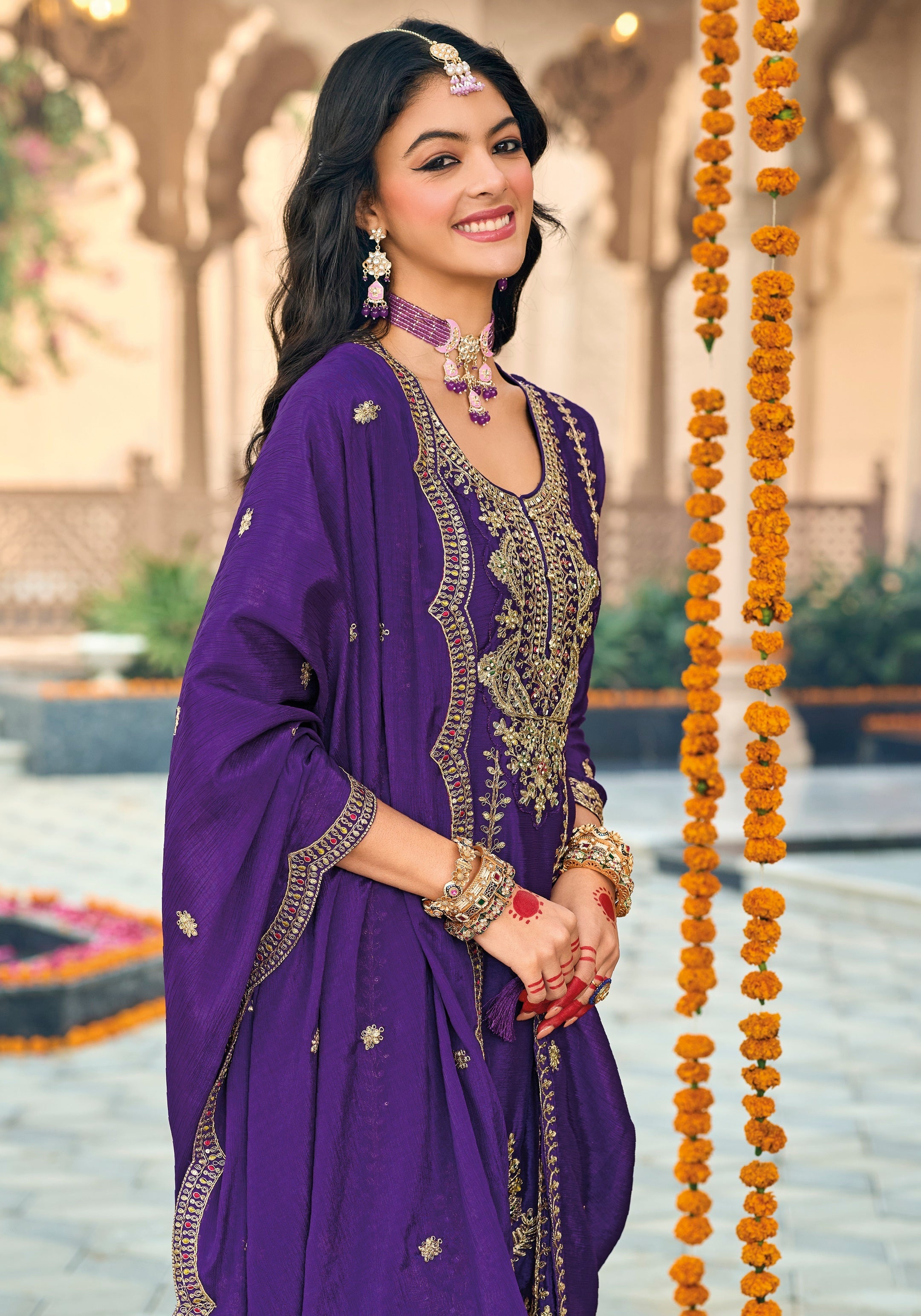 Purple Hevey Chinon with emboidery work Salwar Suit - qivii
