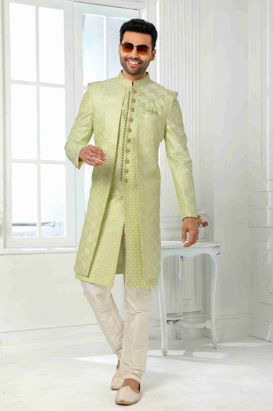 Men's Art Silk Embroidery Work 2 Pcs Indo Jacket Set In Pista Green Colour