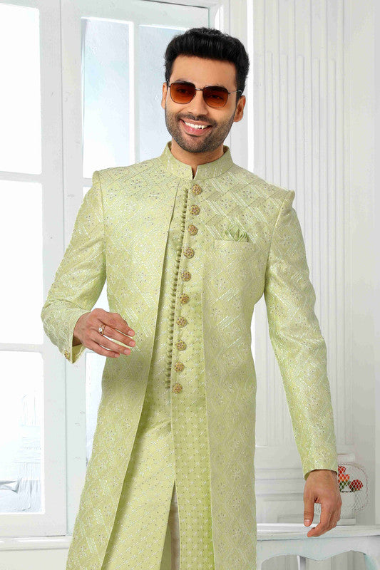 Men's Art Silk Embroidery Work 2 Pcs Indo Jacket Set In Pista Green Colour