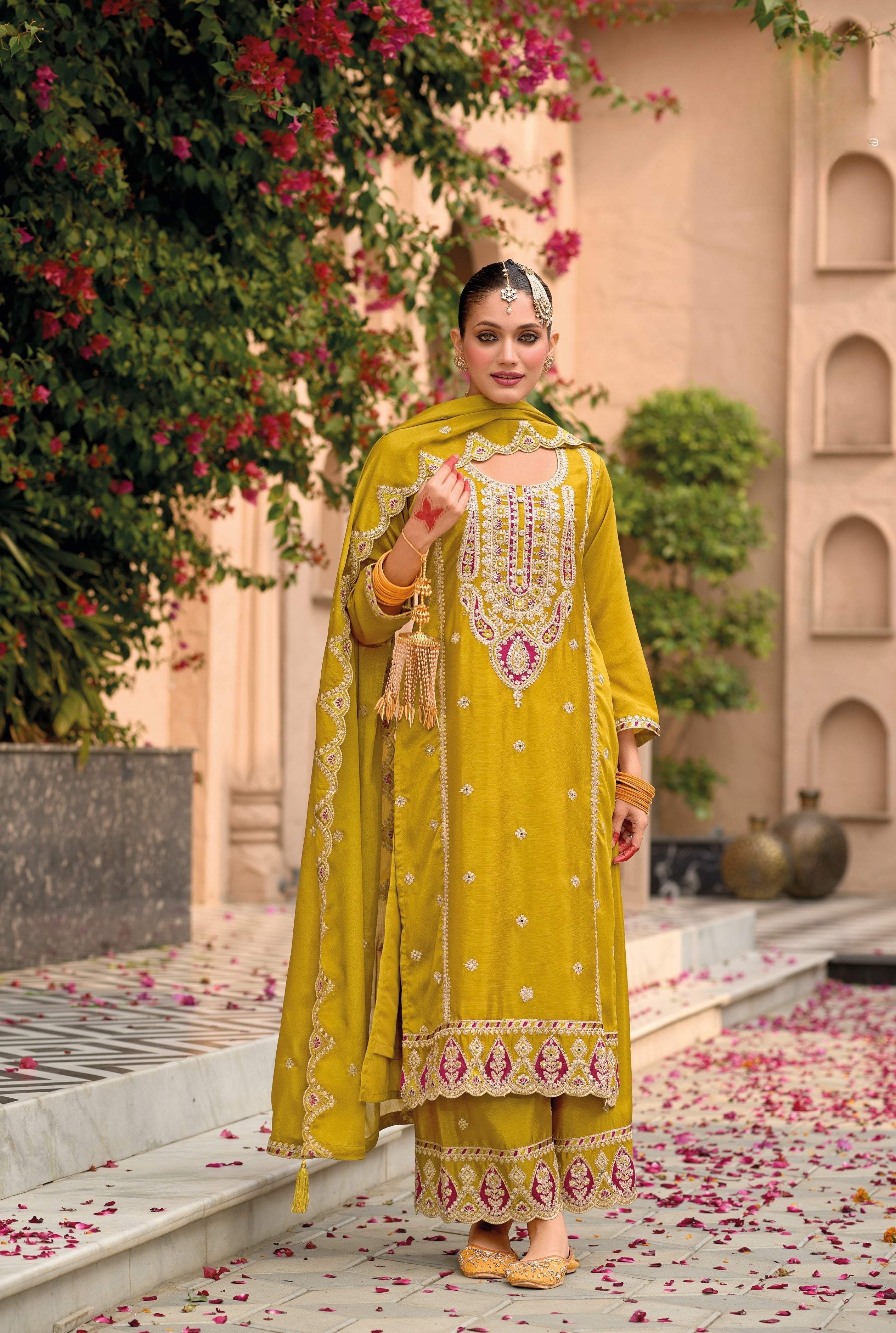 Yellow Hevey Chinon with emboidery work Palazzo Suit - qivii