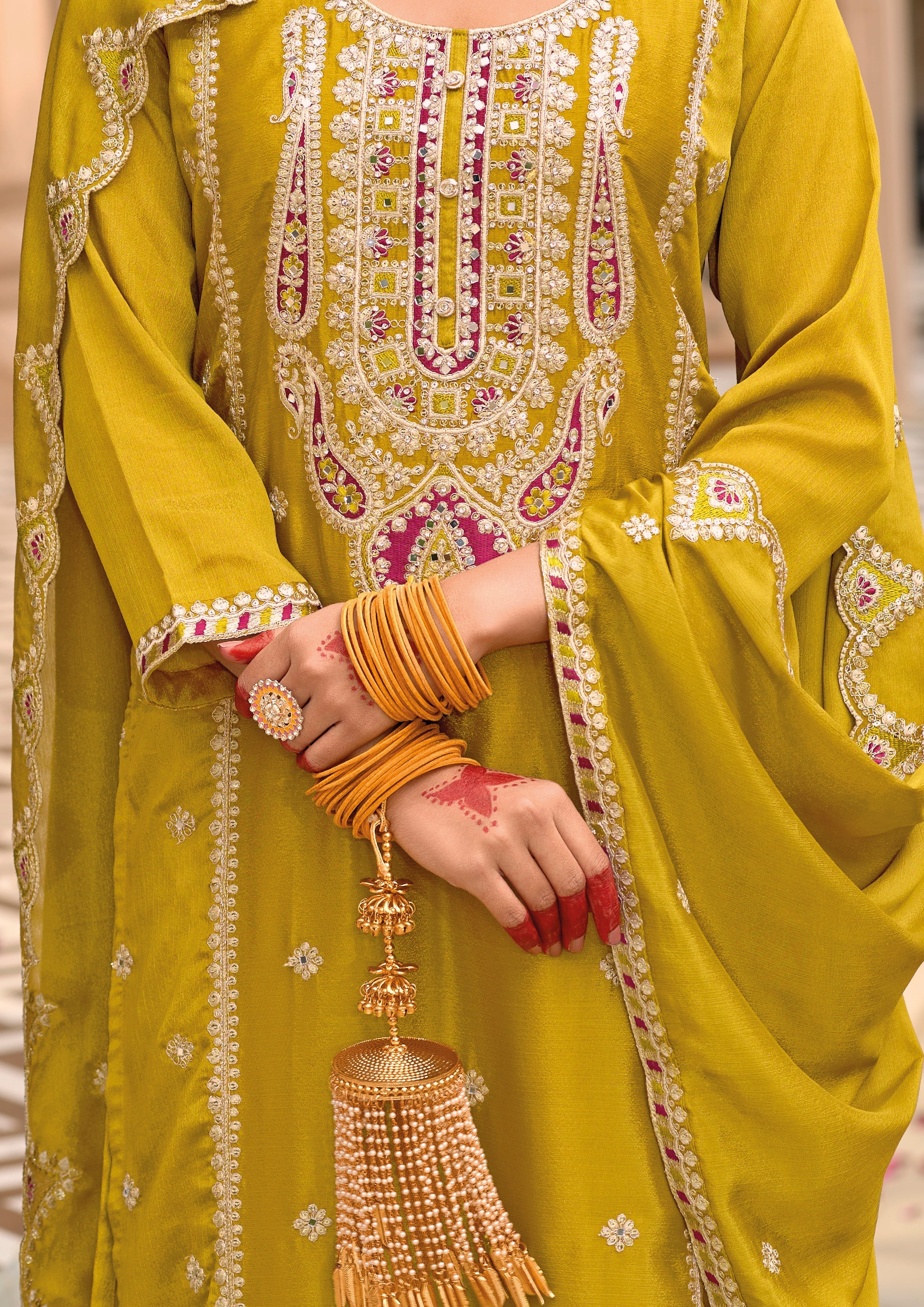 Yellow Hevey Chinon with emboidery work Palazzo Suit - qivii