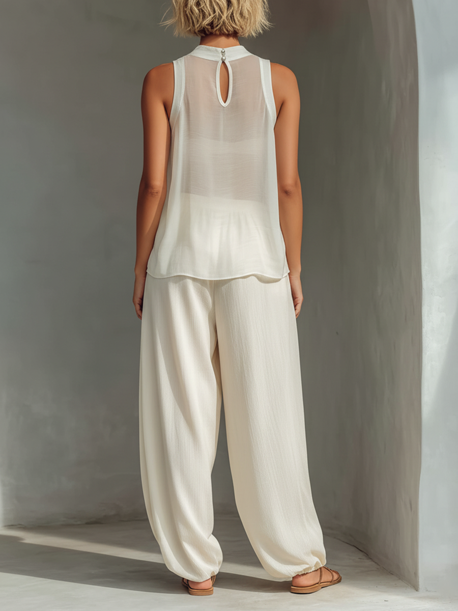 Women's Cream-Hued Tencel-Blend High-Waisted Wide-Leg Pants with Drawstring and Pockets MDZ3047C2T