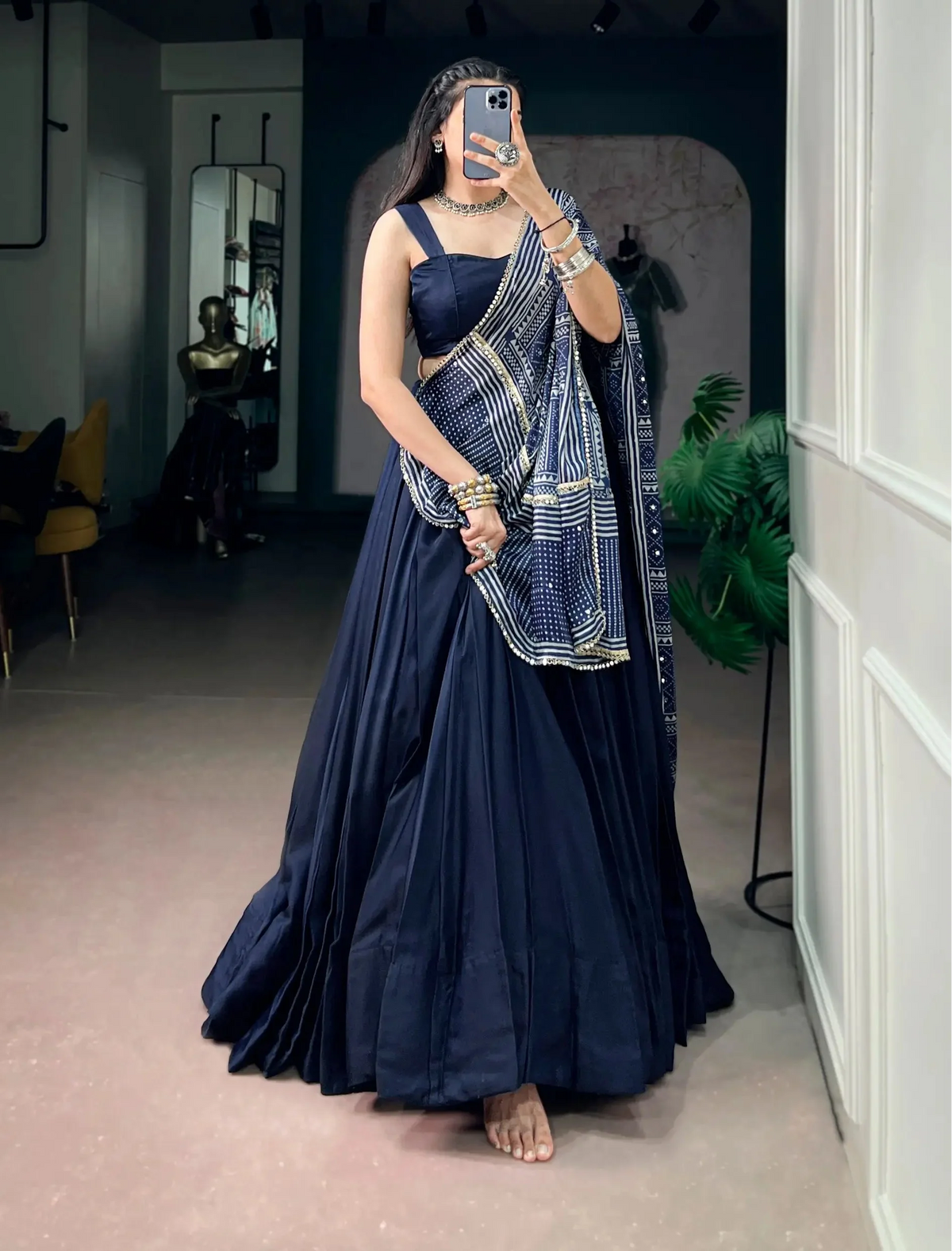 8 Meter Flair | Navy Blue Navratri Chaniya Choli With Printed Dupatta