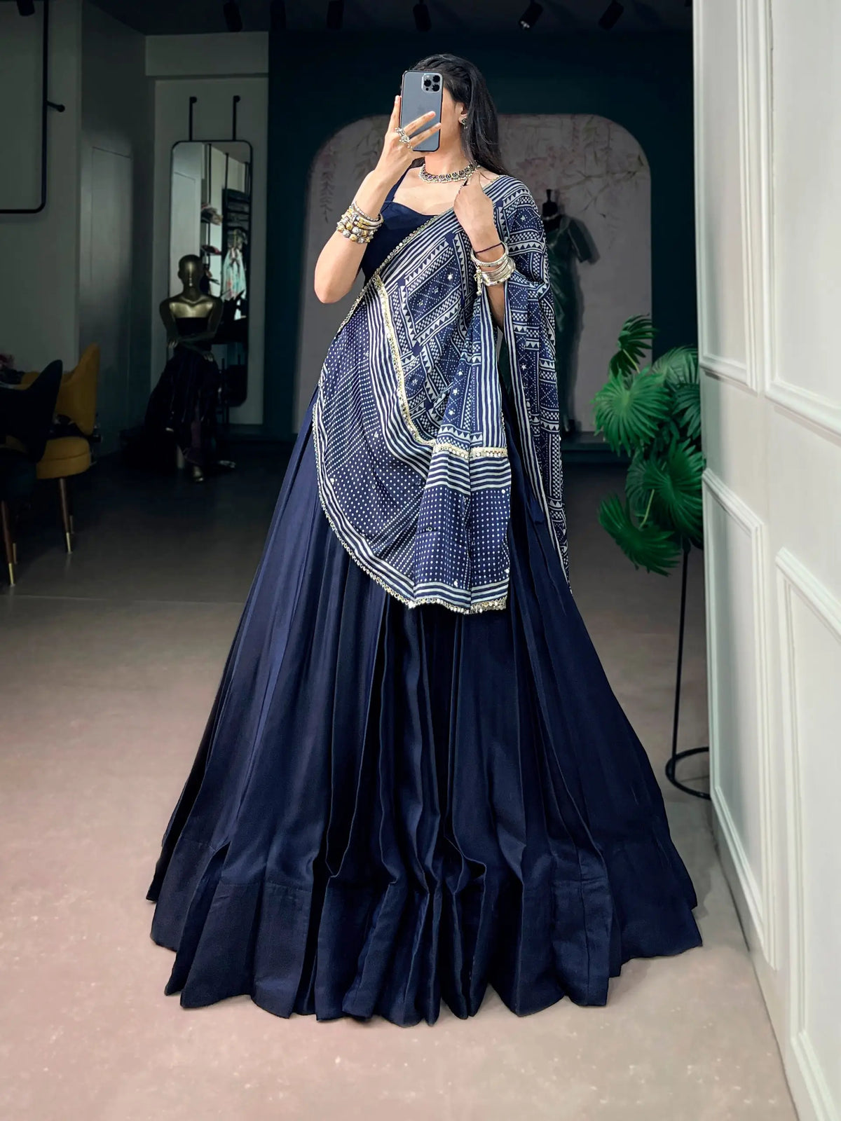 8 Meter Flair | Navy Blue Navratri Chaniya Choli With Printed Dupatta