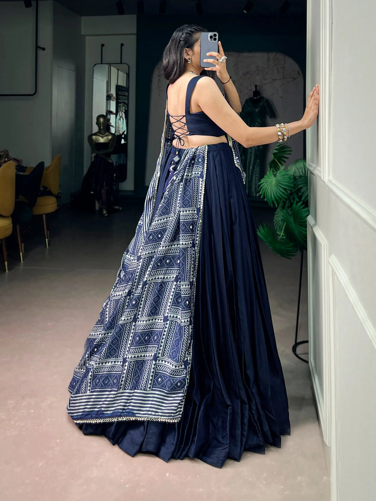 8 Meter Flair | Navy Blue Navratri Chaniya Choli With Printed Dupatta