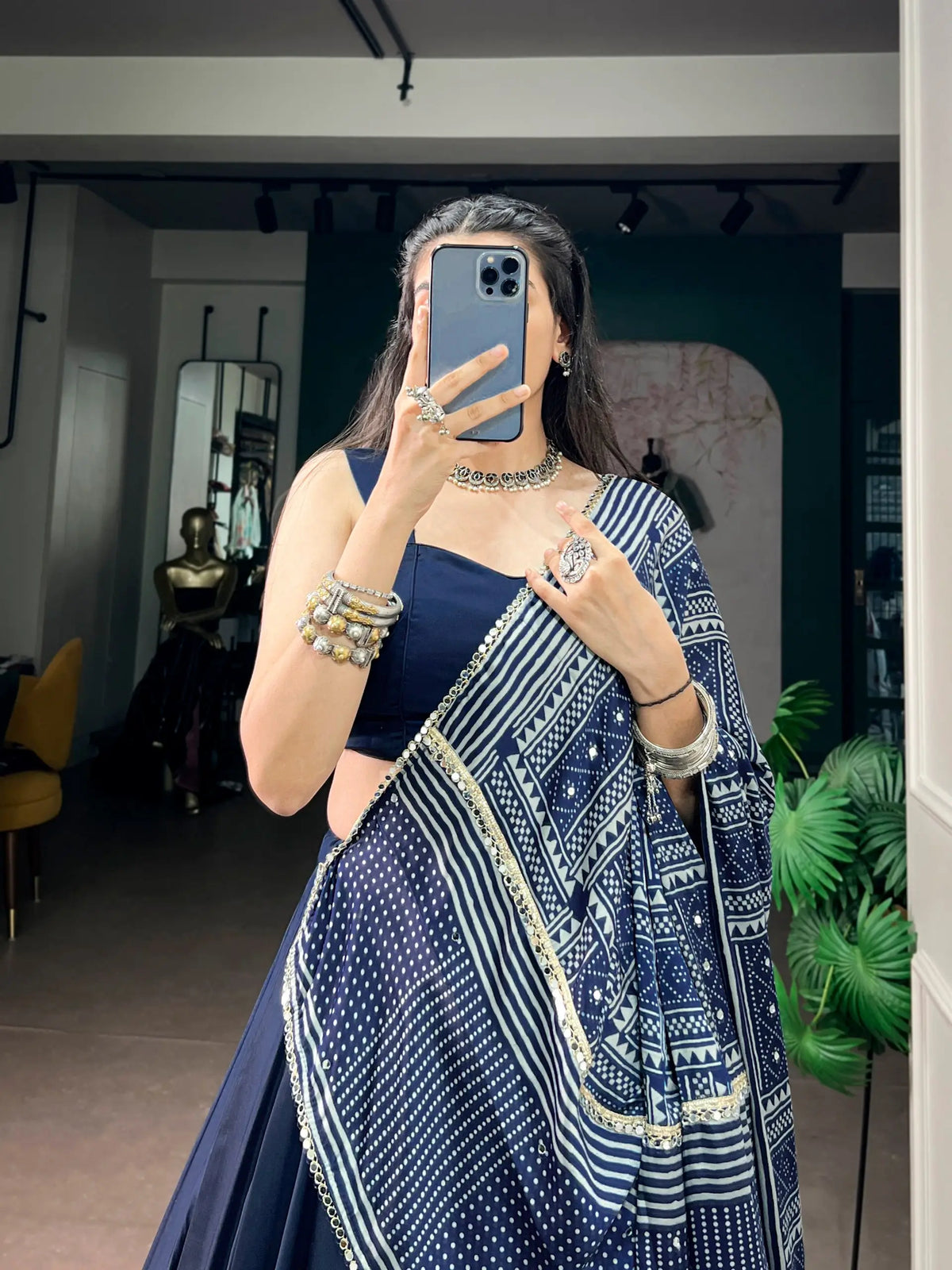8 Meter Flair | Navy Blue Navratri Chaniya Choli With Printed Dupatta