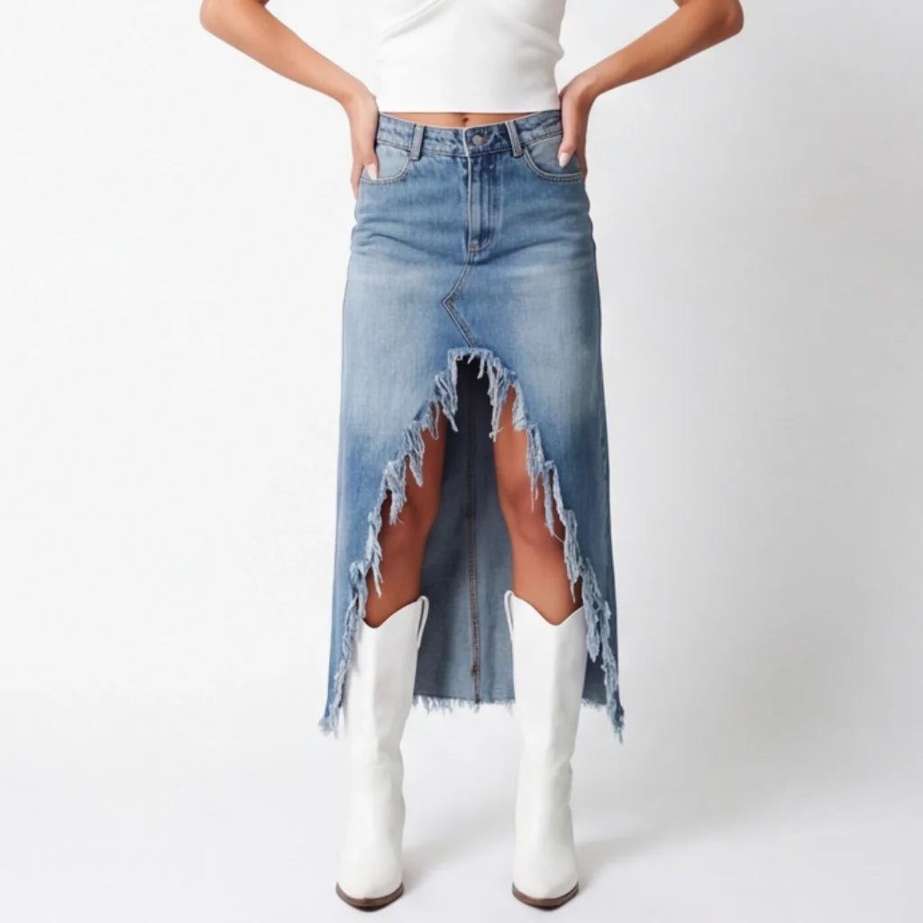 Elisha Raw-Hem Denim Skirt