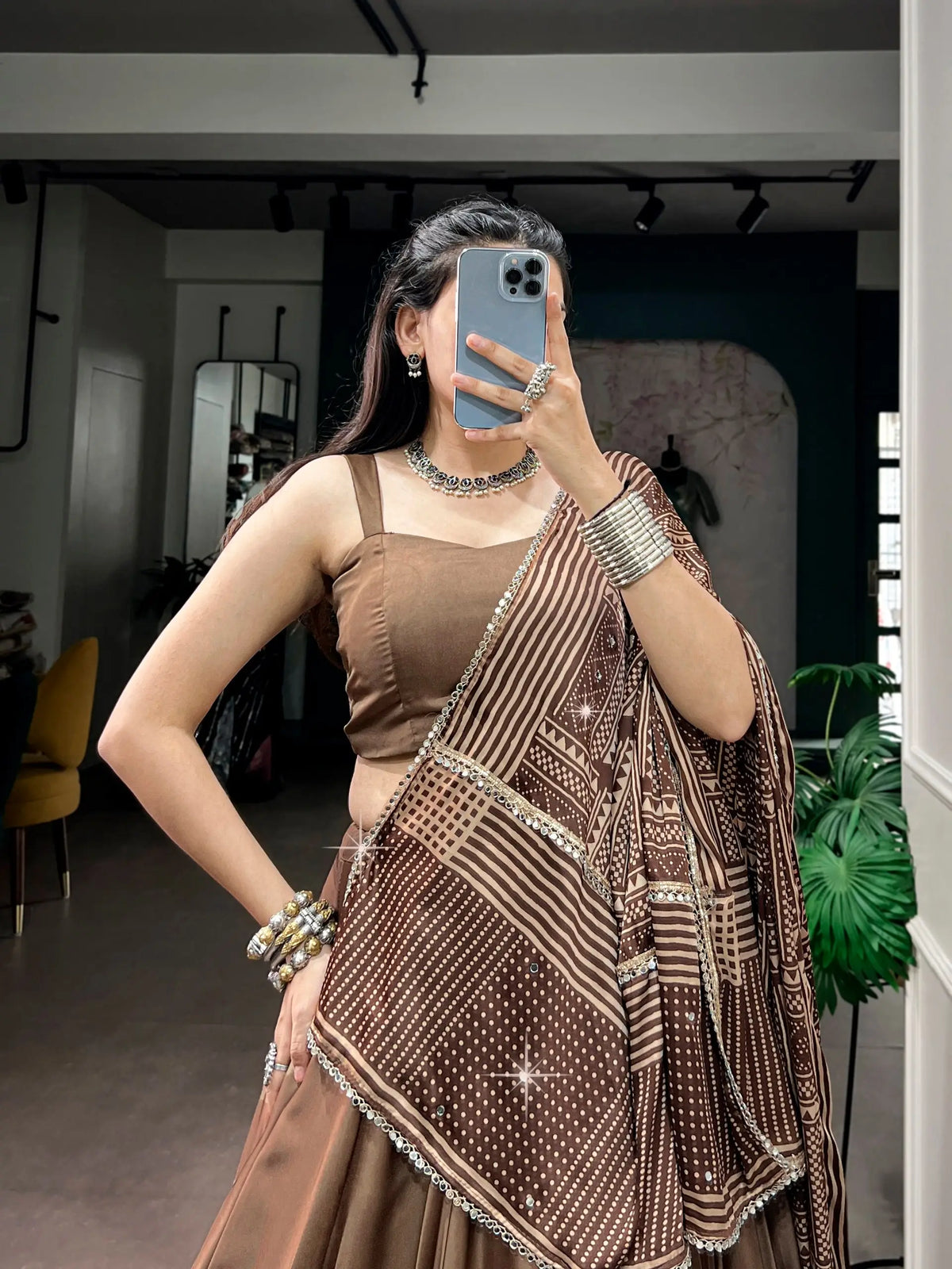 8 Meter Flair | Brown Navratri Chaniya Choli With Printed Dupatta