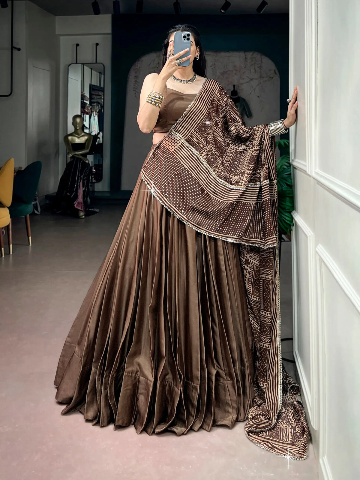 8 Meter Flair | Brown Navratri Chaniya Choli With Printed Dupatta