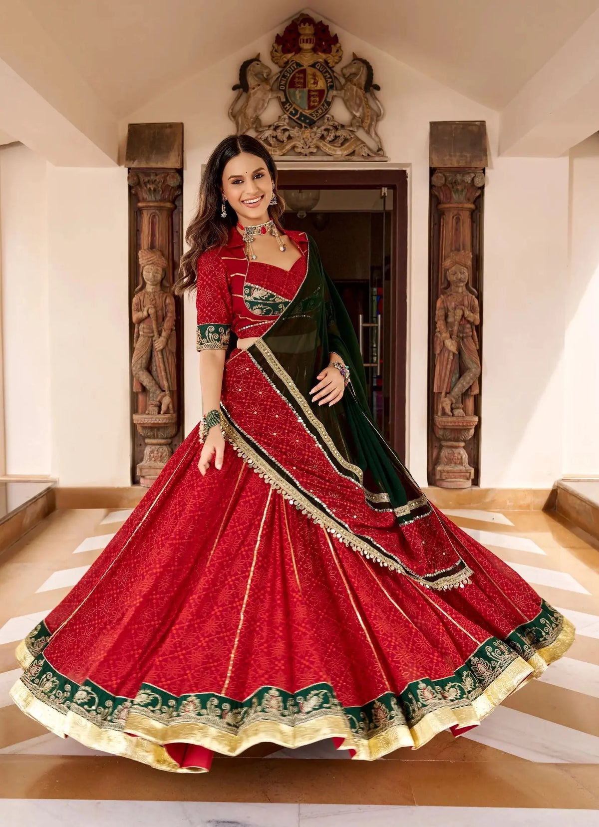 8 Meter Flair | Red Navratri Lehenga With Bandhej Foil Print