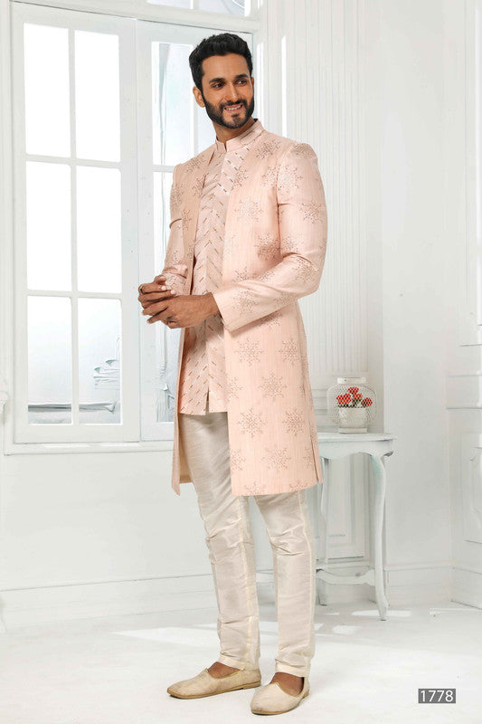 Men's Art Silk Embroidery Work 3 Pcs Indo Jacket Set In Light Pink Colour