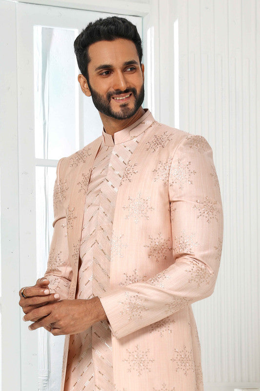 Men's Art Silk Embroidery Work 3 Pcs Indo Jacket Set In Light Pink Colour
