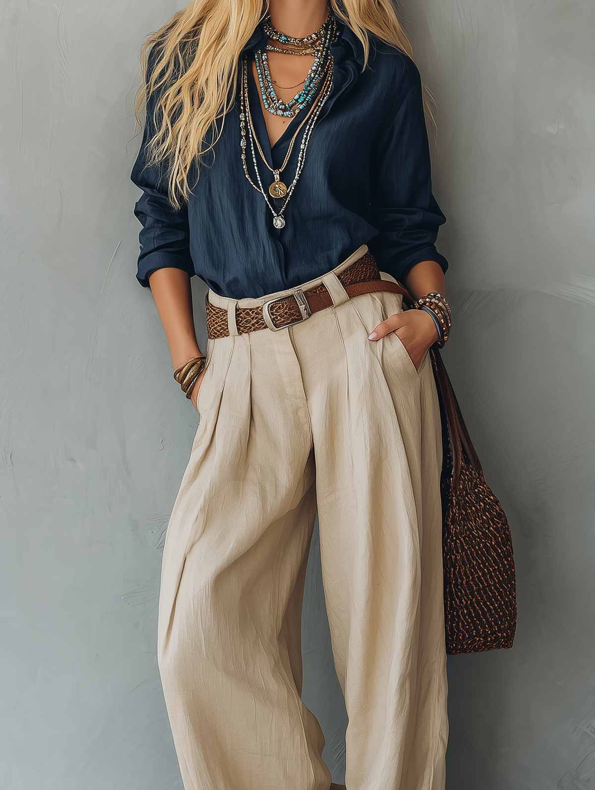 Women's Casual Khaki Cotton-Linen Trousers (Belt Not Included) MDZ2693E6LXY