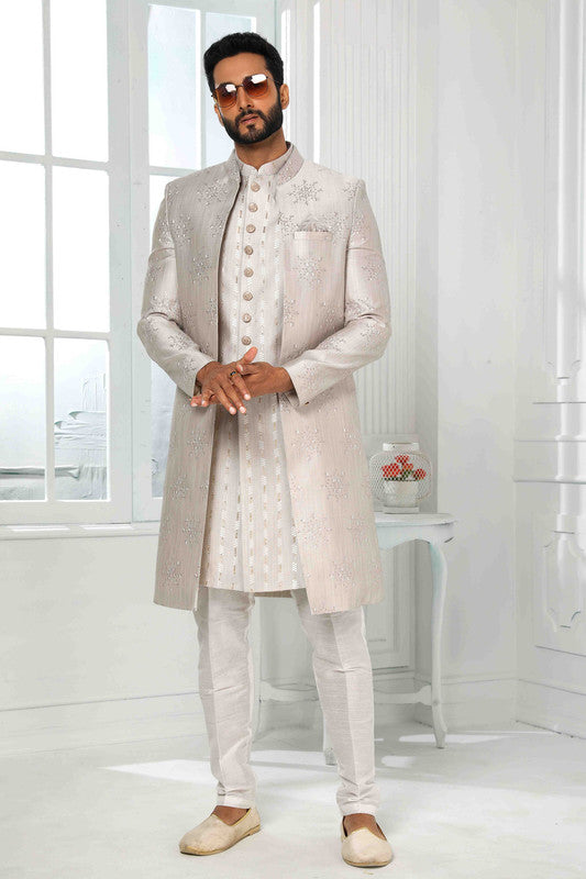 Men's Art Silk Embroidery Work 3 Pcs Indo Jacket Set In Light Grey Colour