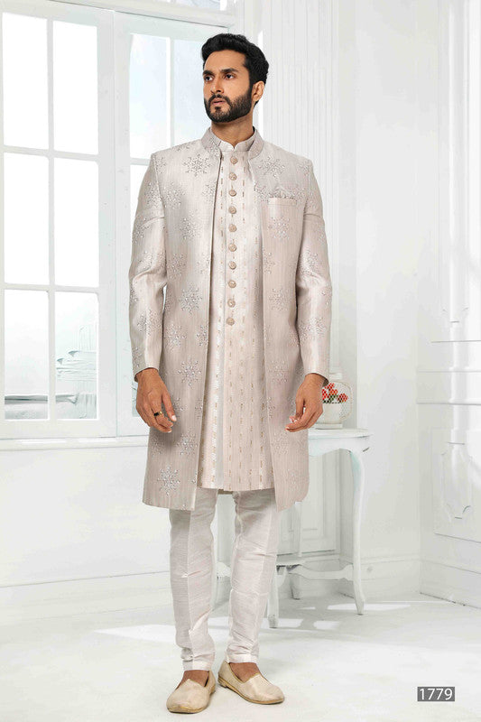 Men's Art Silk Embroidery Work 3 Pcs Indo Jacket Set In Light Grey Colour