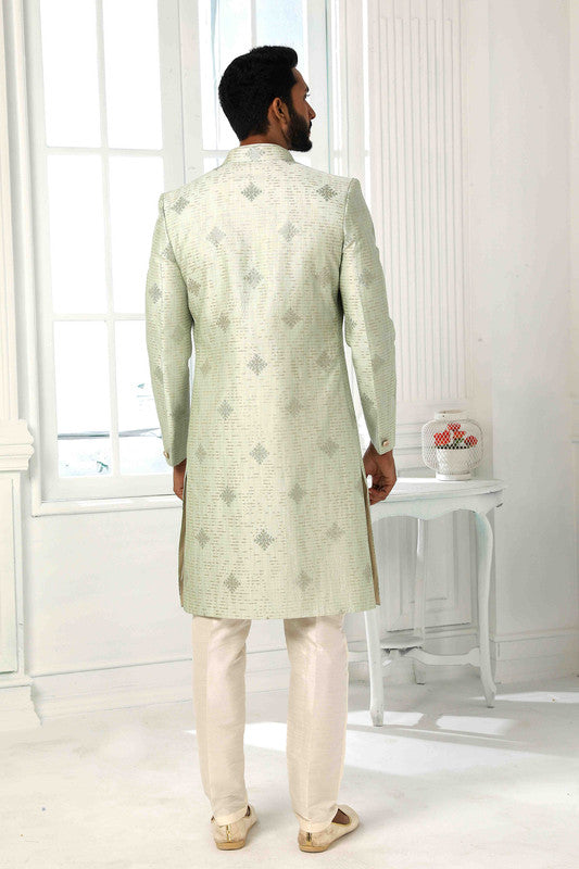 Men's Art Silk Embroidery Work 3 Pcs Indo Jacket Set In Pista Green Colour